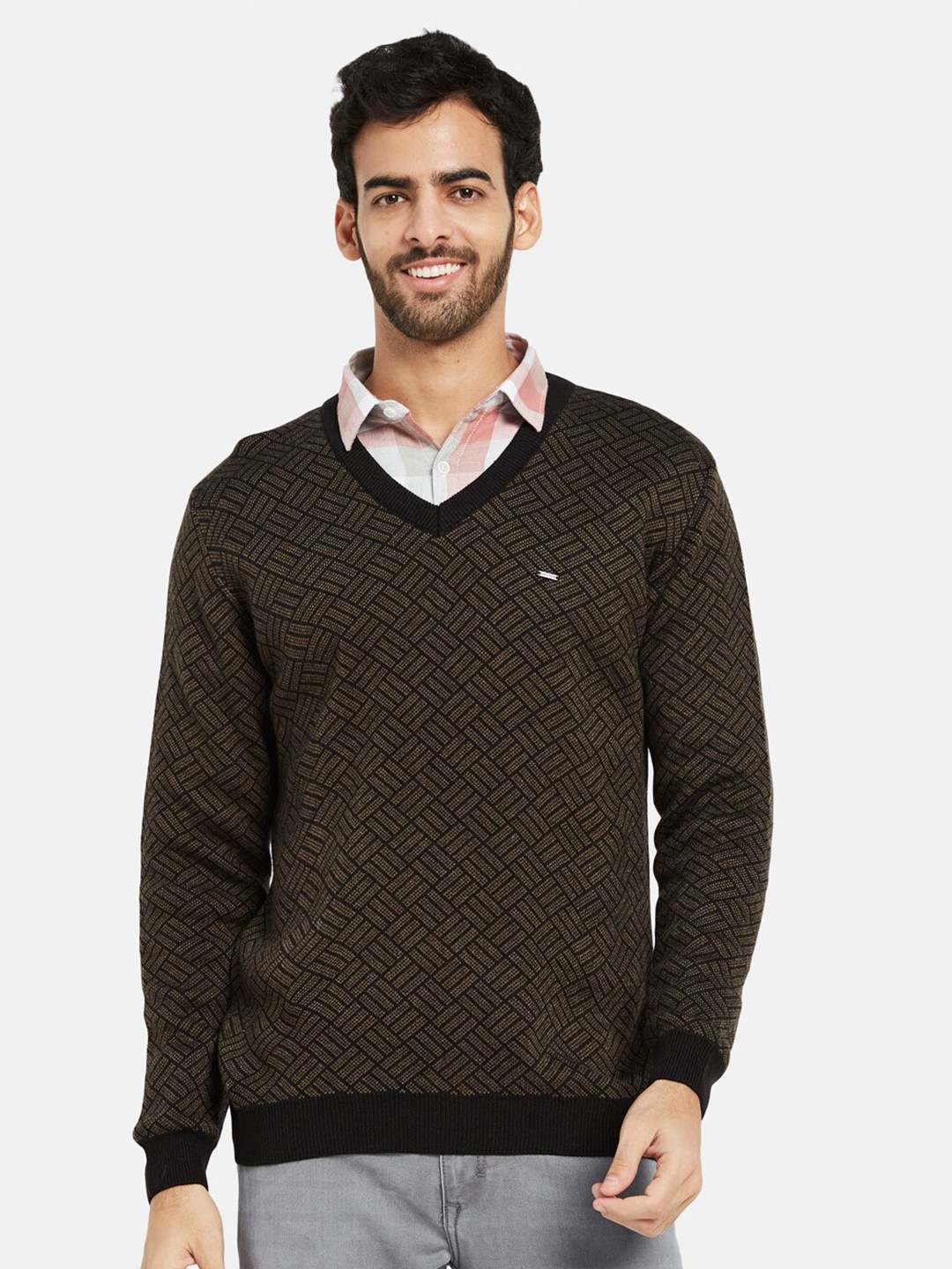 

METTLE Checked V-Neck Acrylic Pullover, Brown
