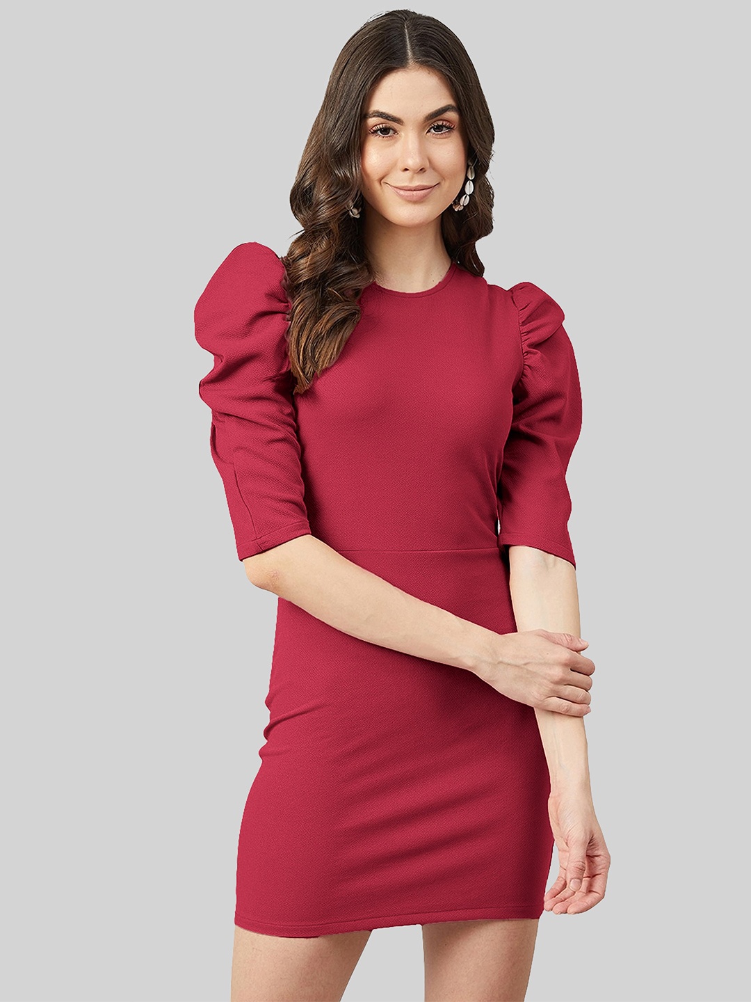 

N N ENTERPRISE Puff Sleeve Sheath Mini Dress, Maroon