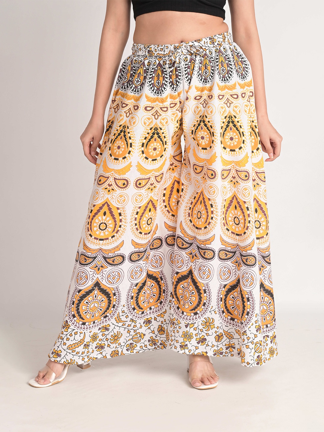 

KALINI Ethnic Motifs Printed Cotton Flared Knitted Palazzos, White