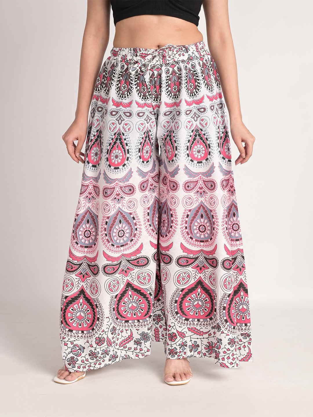 

KALINI Ethnic Motifs Printed Cotton Flared Knitted Palazzos, White