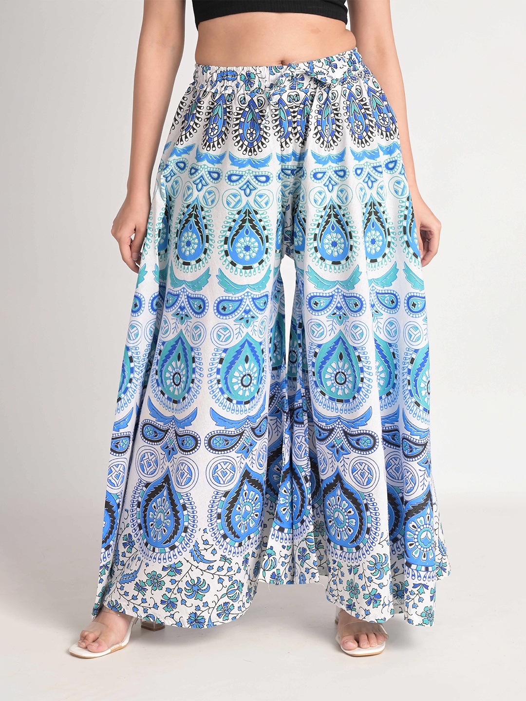 

KALINI Ethnic Motifs Printed Cotton Flared Knitted Palazzos, White