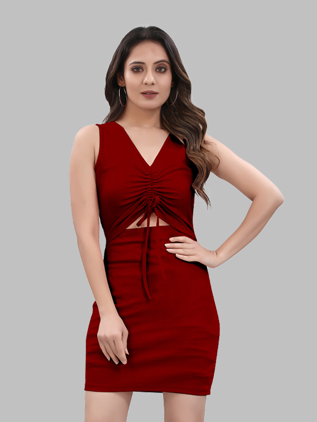 

N N ENTERPRISE Sleeveless Ruched Sheath Dress, Maroon