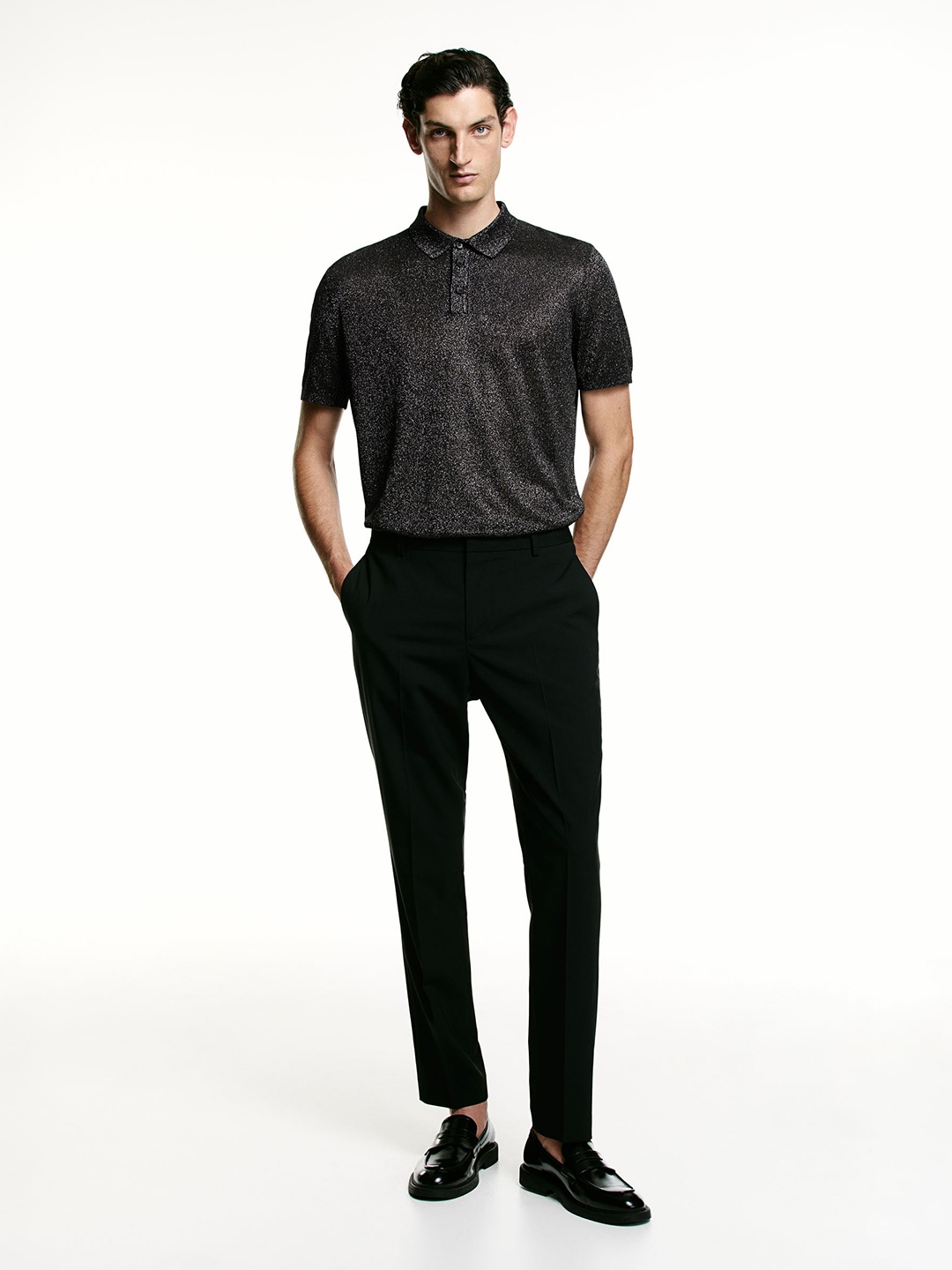 

H&M Slim Fit Glittery Fine-Knit Polo Shirt, Black