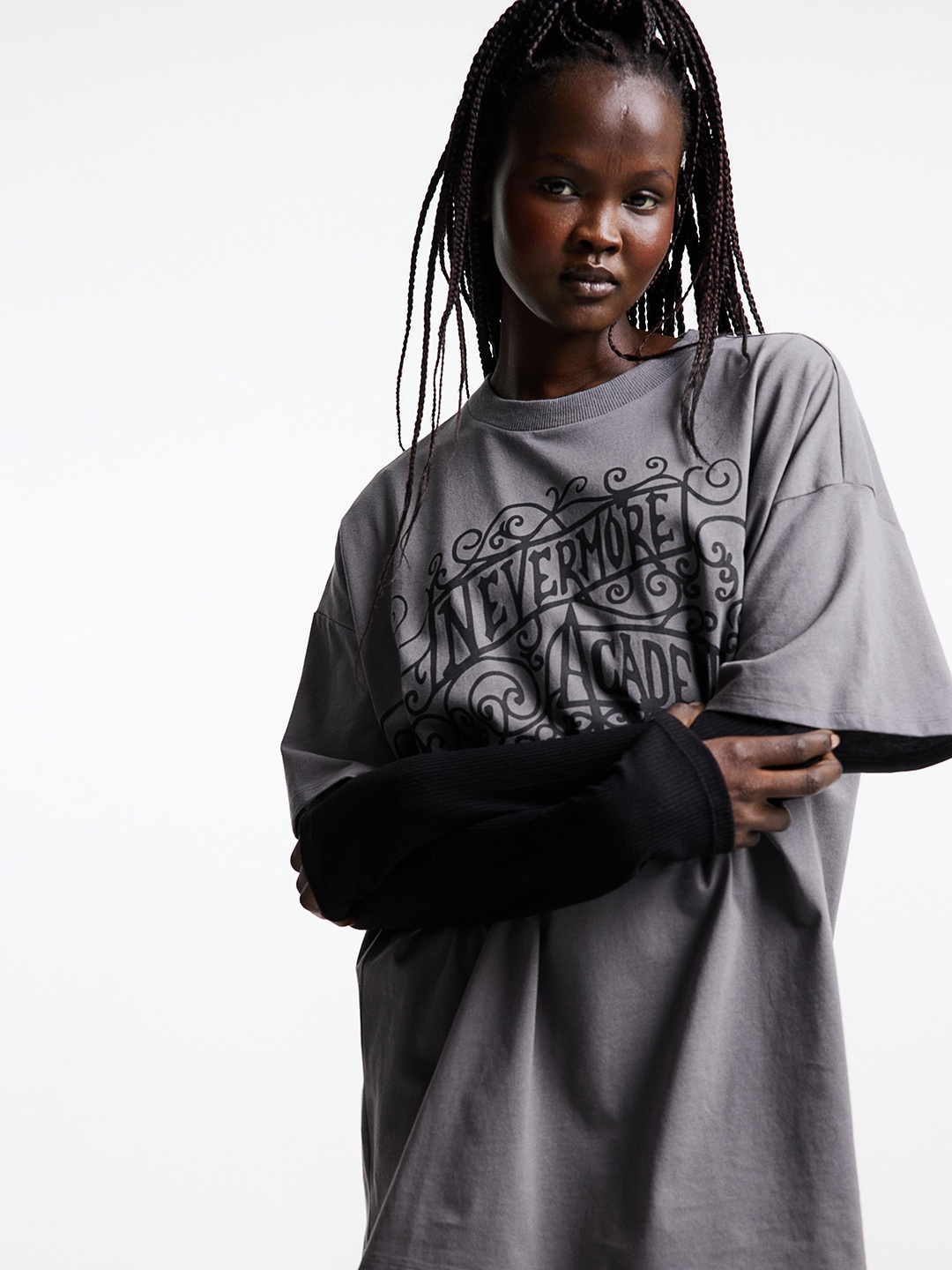

H&M Women Pure Cotton Oversized Printed T-Shirt, Grey