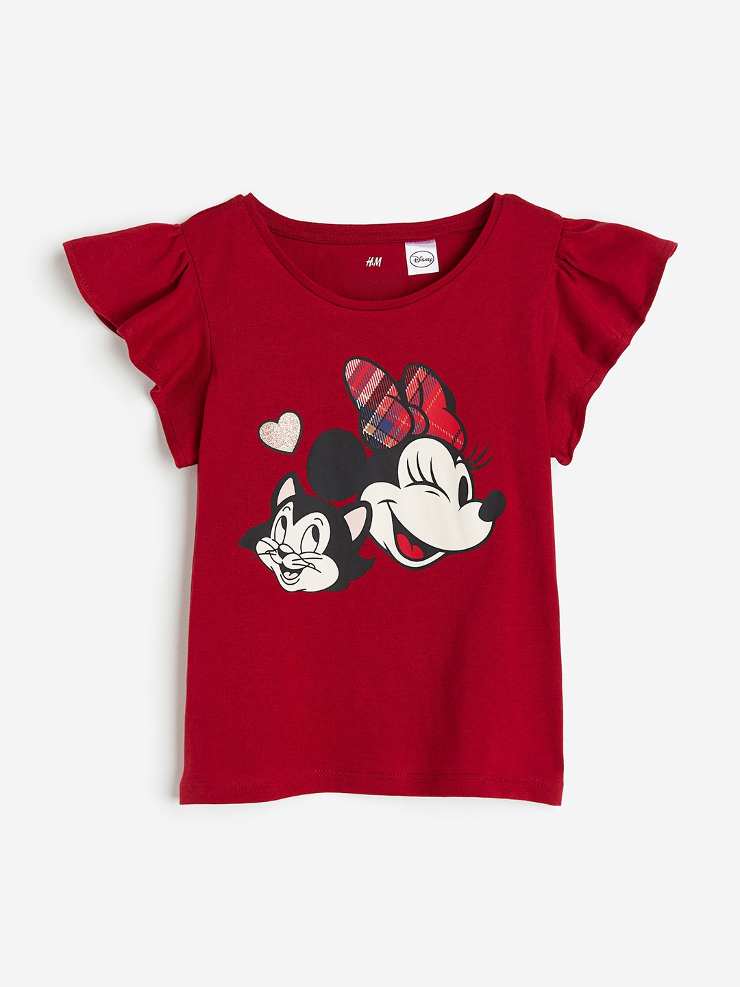 

H&M Girls Mickey Mouse Pure Cotton Flutter-Sleeved Printed Top, Red