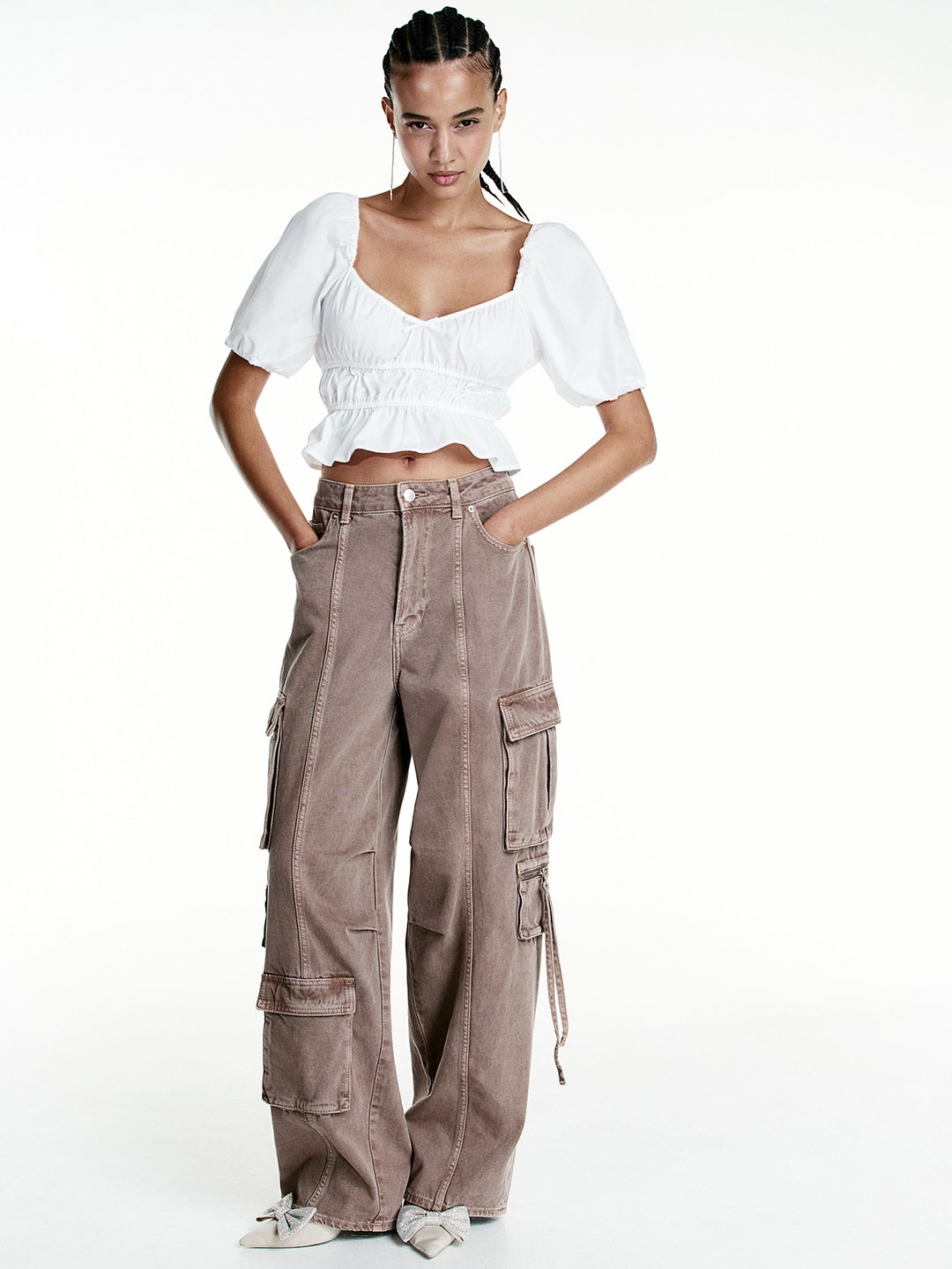 

H&M Women Gathered Cotton Blouse, White