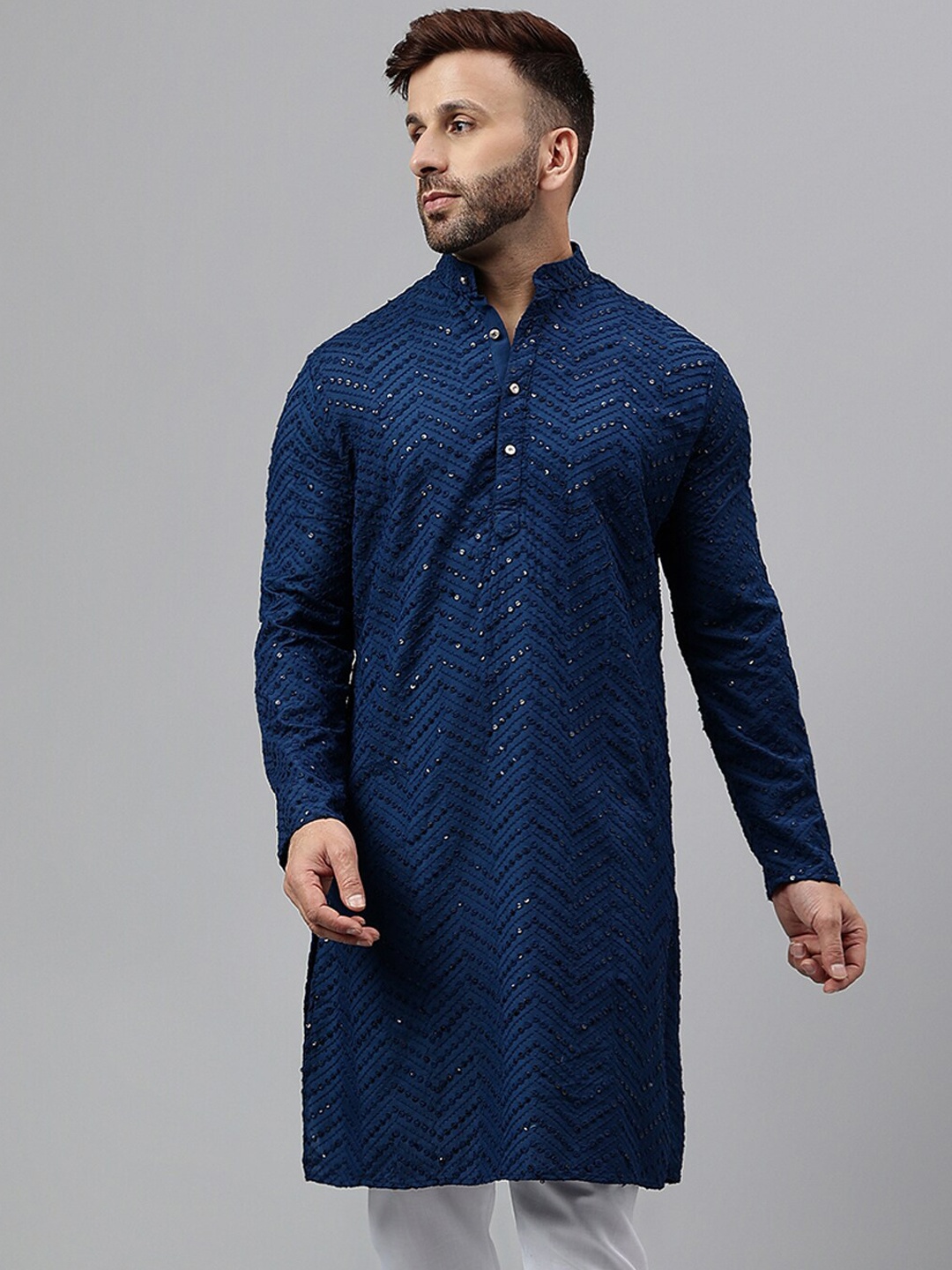 

Hangup Chevron Embroidered Sequinned Long Sleeves Kurta, Navy blue