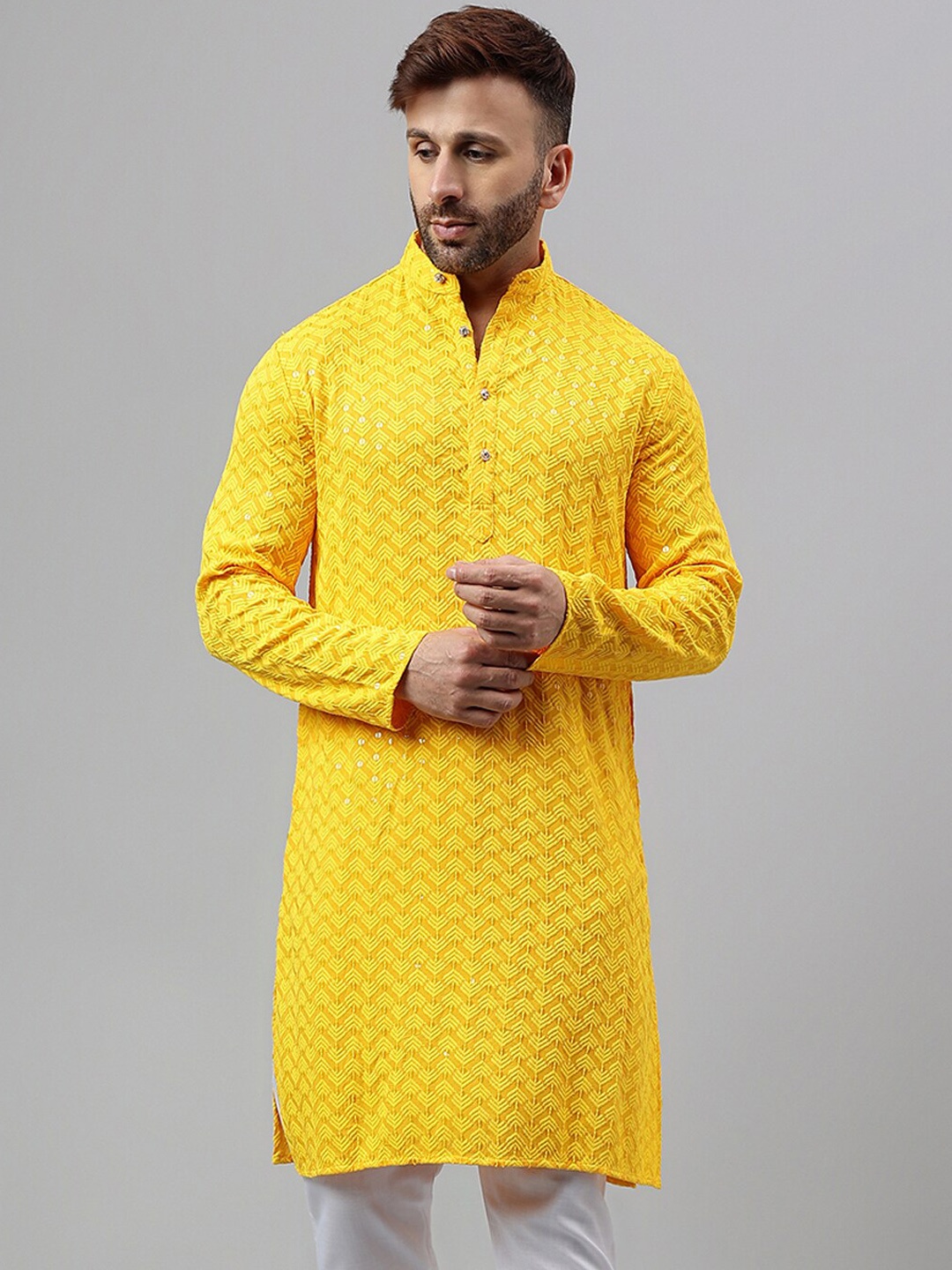 

Hangup Geometric Embroidered Sequinned Kurta, Yellow