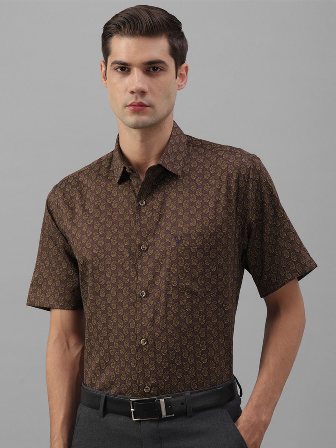

Allen Solly Slim Fit Ethnic Motifs Printed Spread Collar Cotton Formal Shirt, Brown