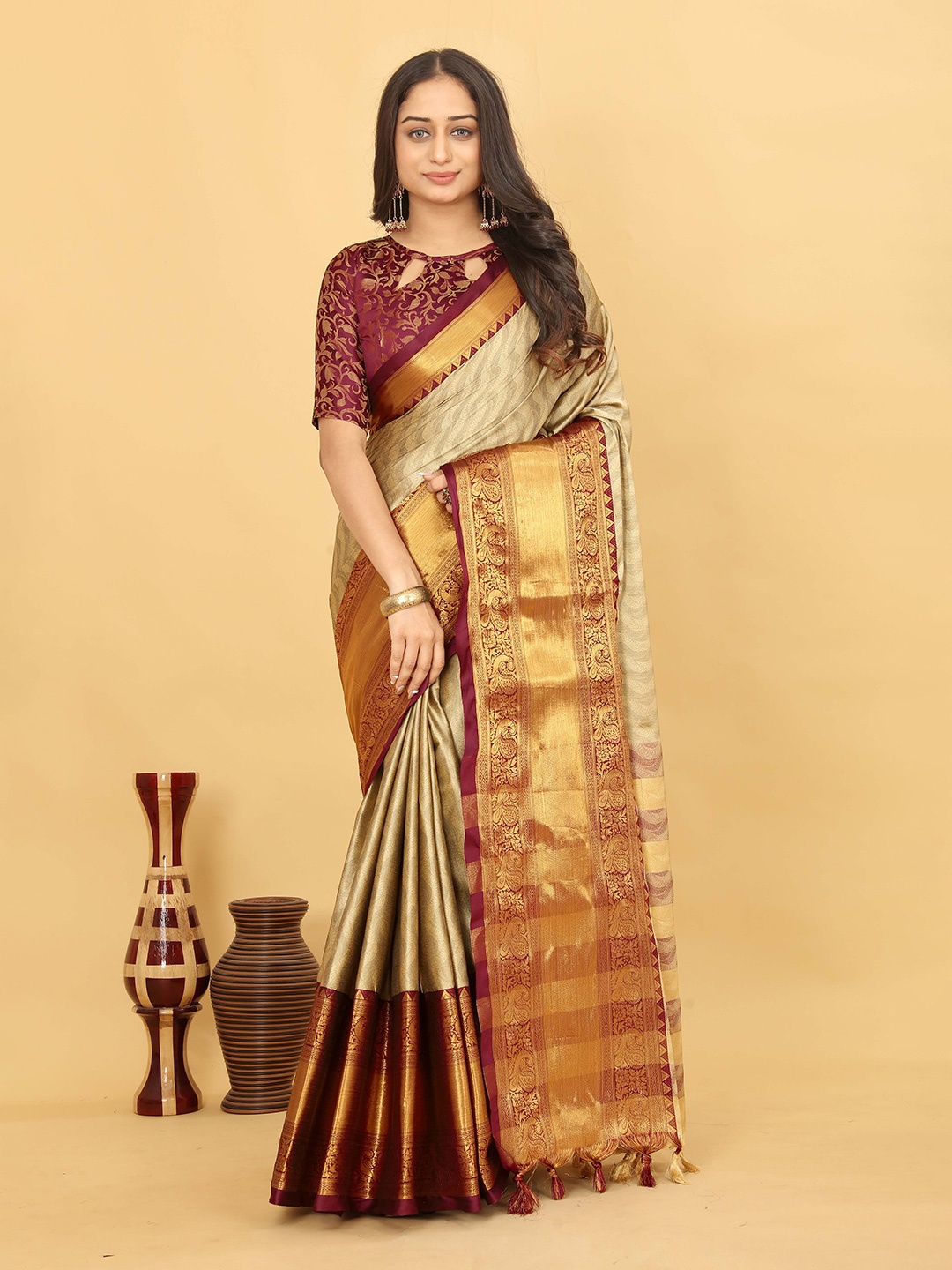 

Mitera Beige Ethnic Motifs Woven Design Zari Detail Banarasi Saree