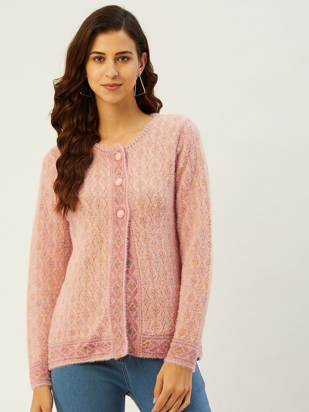 

RIVZA Floral Self Design Acrylic Cardigan, Pink