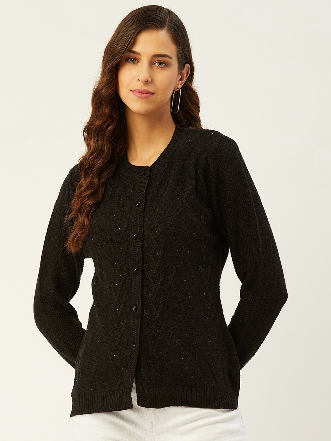 

RIVZA Cable Knit Self Design Embellished Acrylic Cardigan, Black