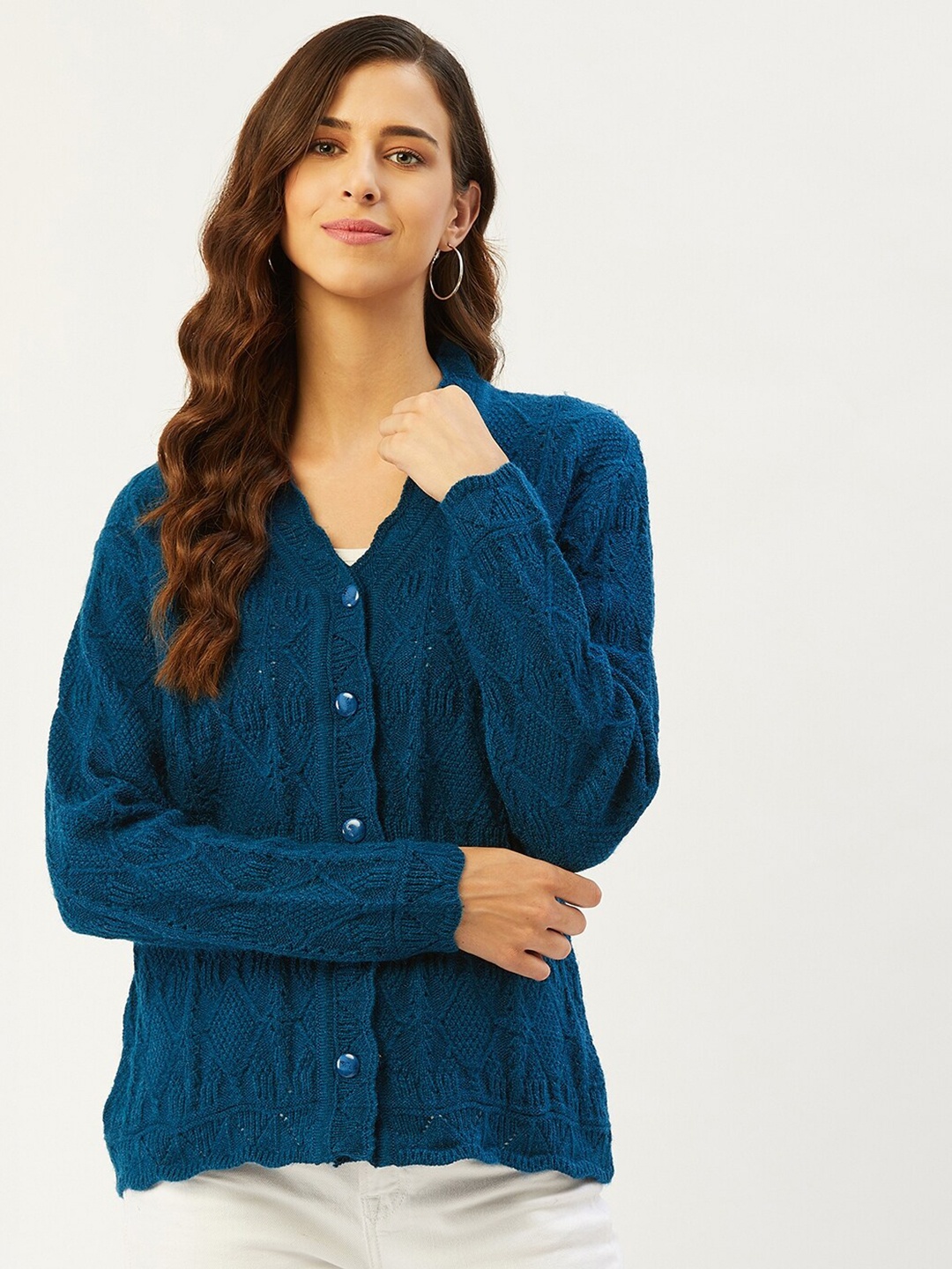 

RIVZA Cable Knit Self Design V-Neck Acrylic Cardigan, Teal