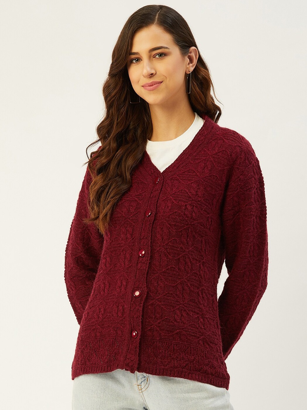 

RIVZA V-Neck Cable Knit Acrylic Cardigan, Maroon
