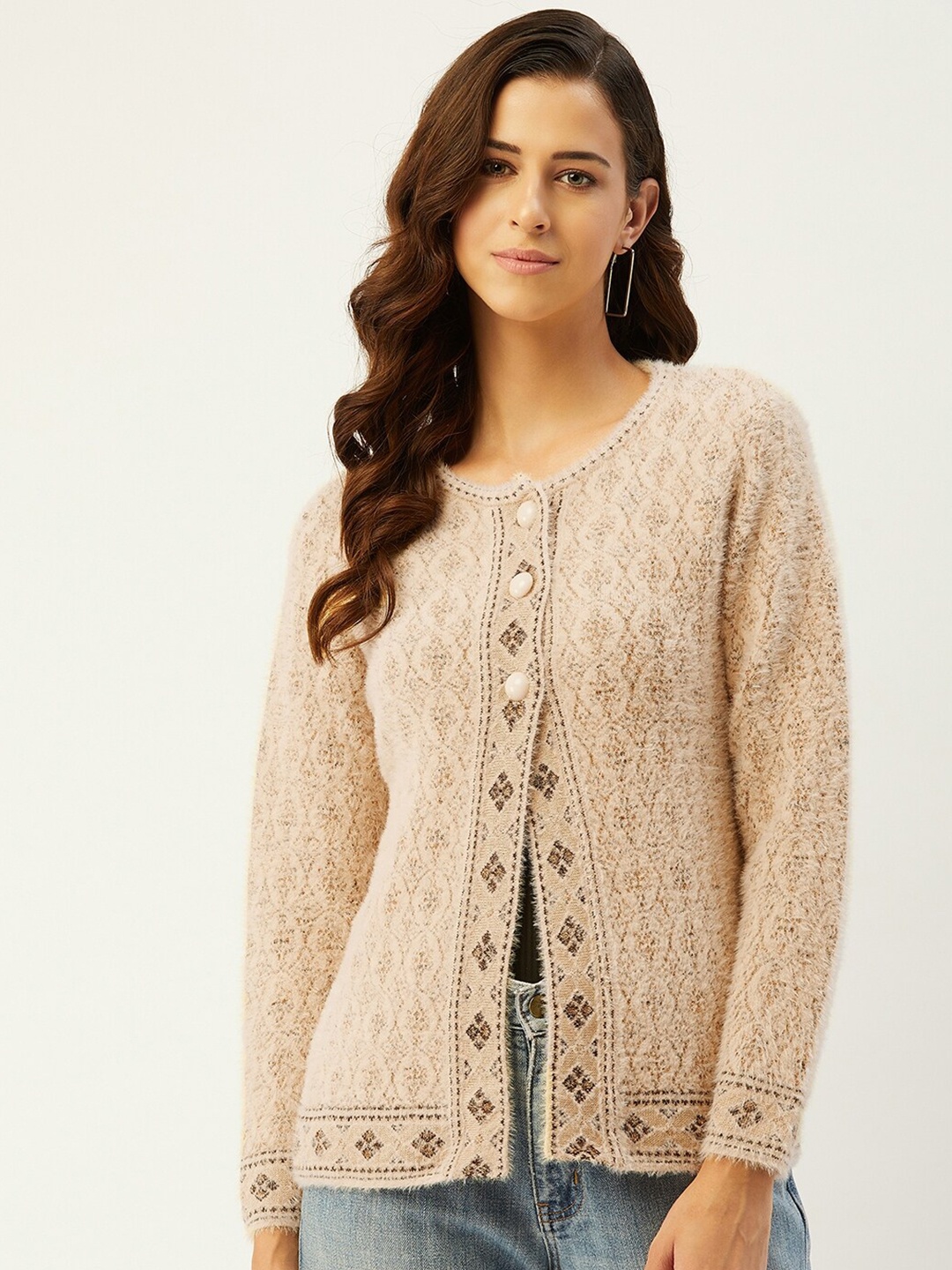 

RIVZA Ethnic Motifs Self Designed Acrylic Cardigan, Off white