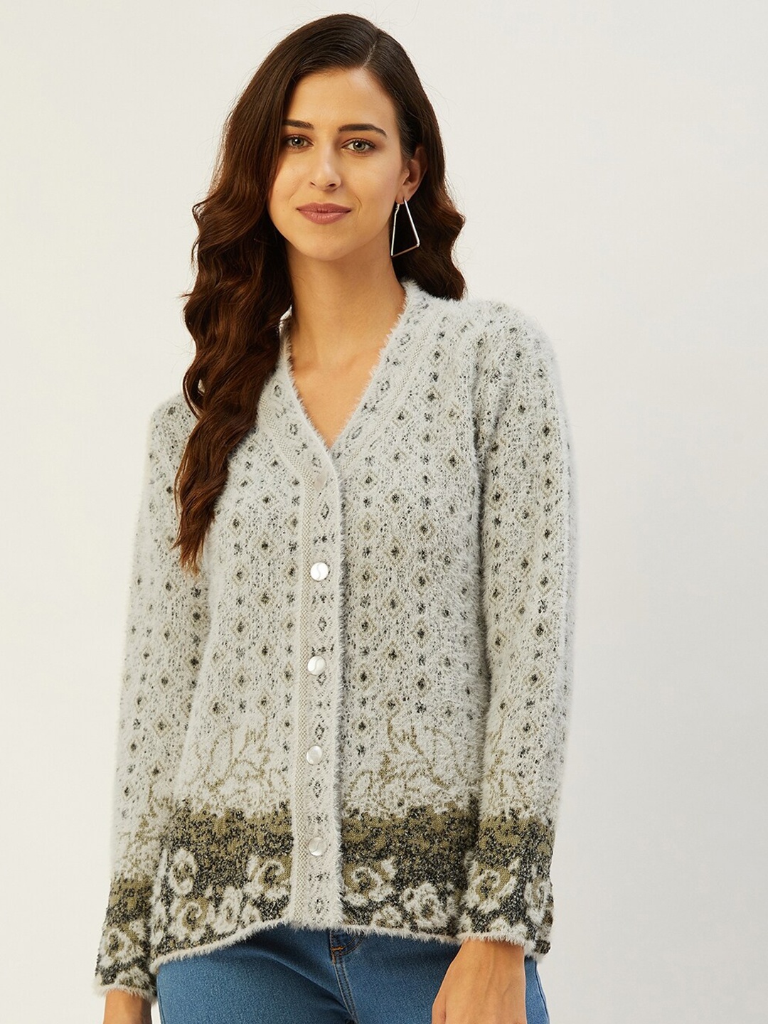 

RIVZA Ethnic Motifs Self Designed Acrylic Cardigan, Grey