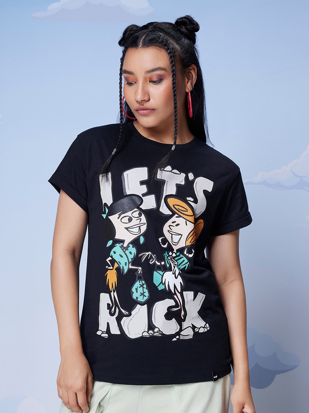 

Bewakoof Official Cartoon Network Merchandise The Finstone Printed Oversized T-shirt, Black