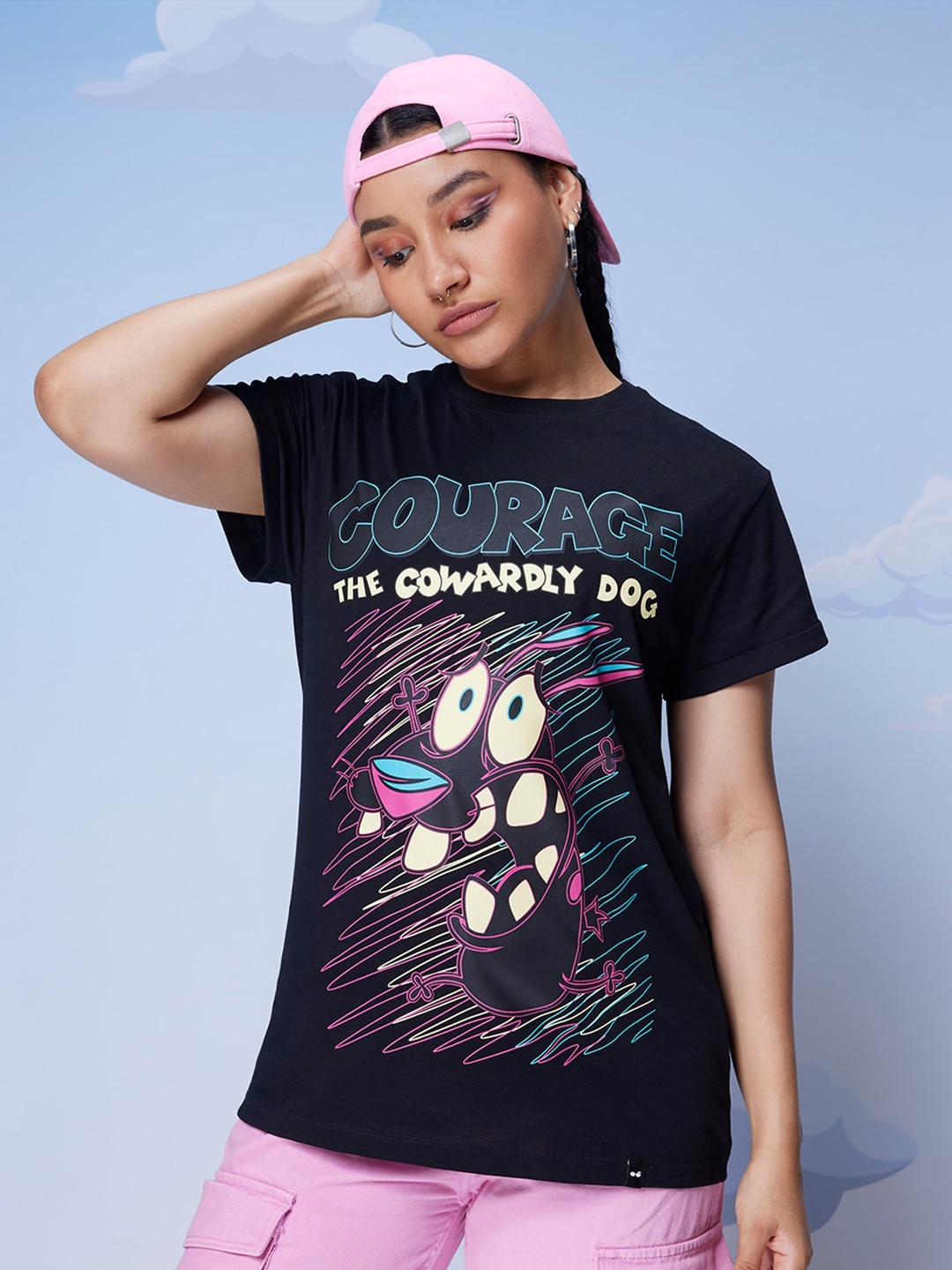 

Bewakoof Official Cartoon Network Merchandise Courage Cowardly Printed Boyfriend T-shirt, Black
