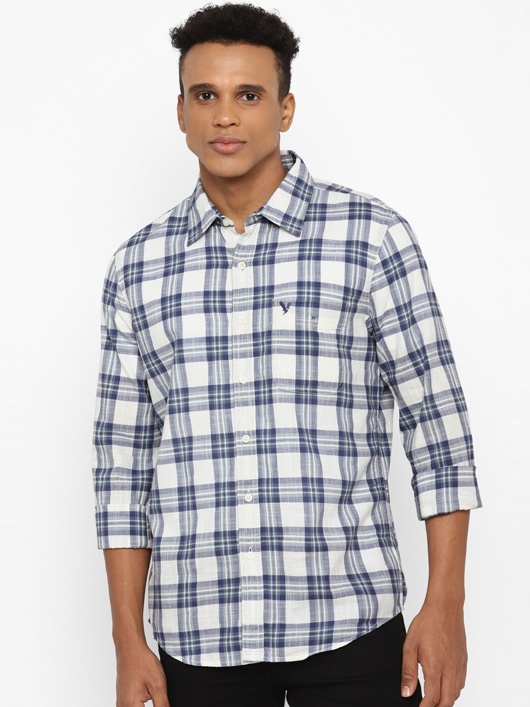 

AMERICAN EAGLE OUTFITTERS Slim Fit Tartan Checks Checked Pure Cotton Casual Shirt, Cream