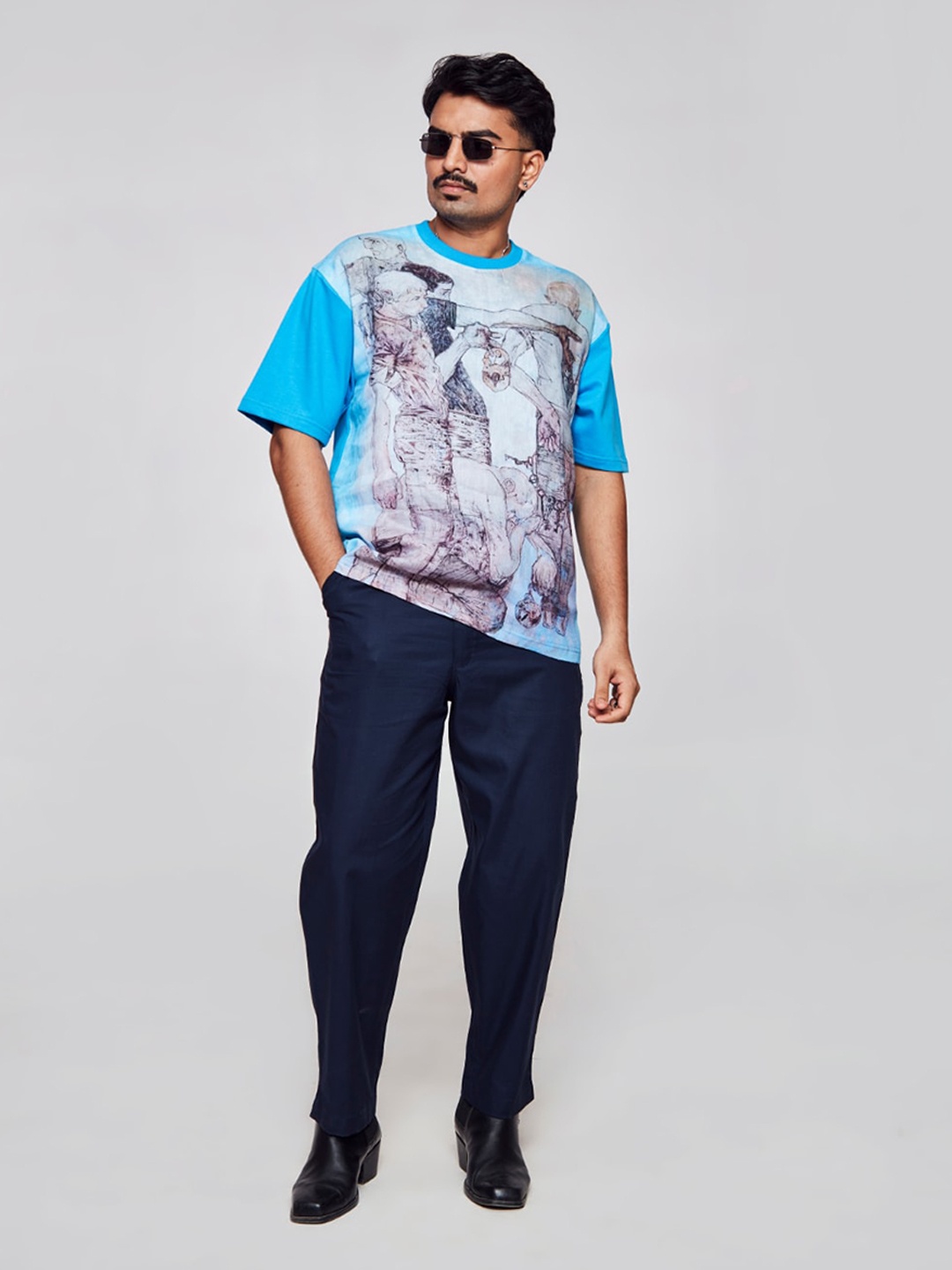 

ADDY'S for men Graphic Printed Drop-Shoulder Sleeves Linen Oversized T-Shirt, Turquoise blue