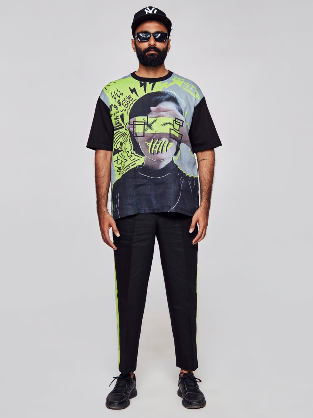 

ADDY'S for men Graphic Printed Linen Oversized T-shirt, Black
