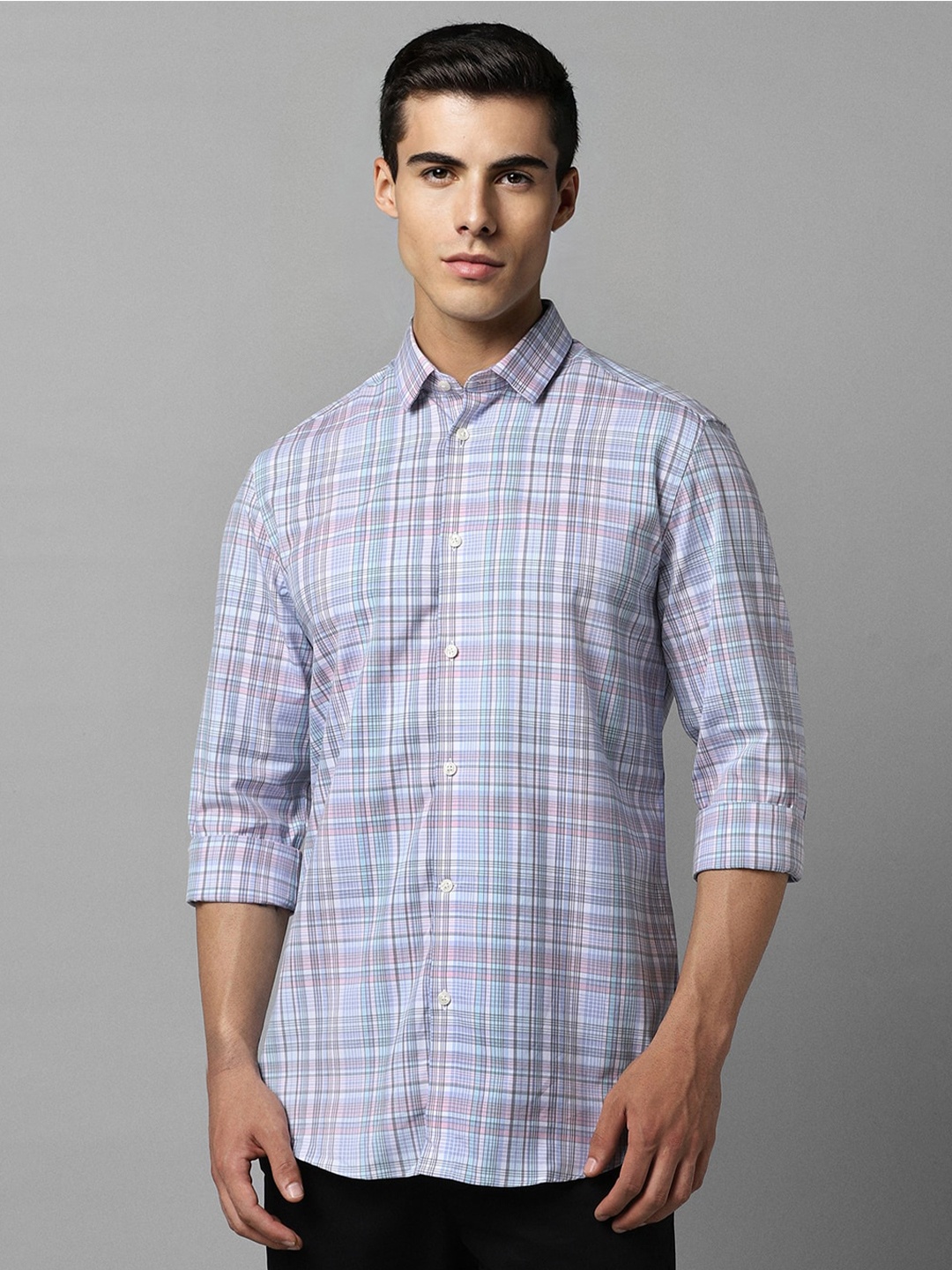 

Louis Philippe Sport Tartan Checked Spread Collar Pure Cotton Casual Shirt, Blue