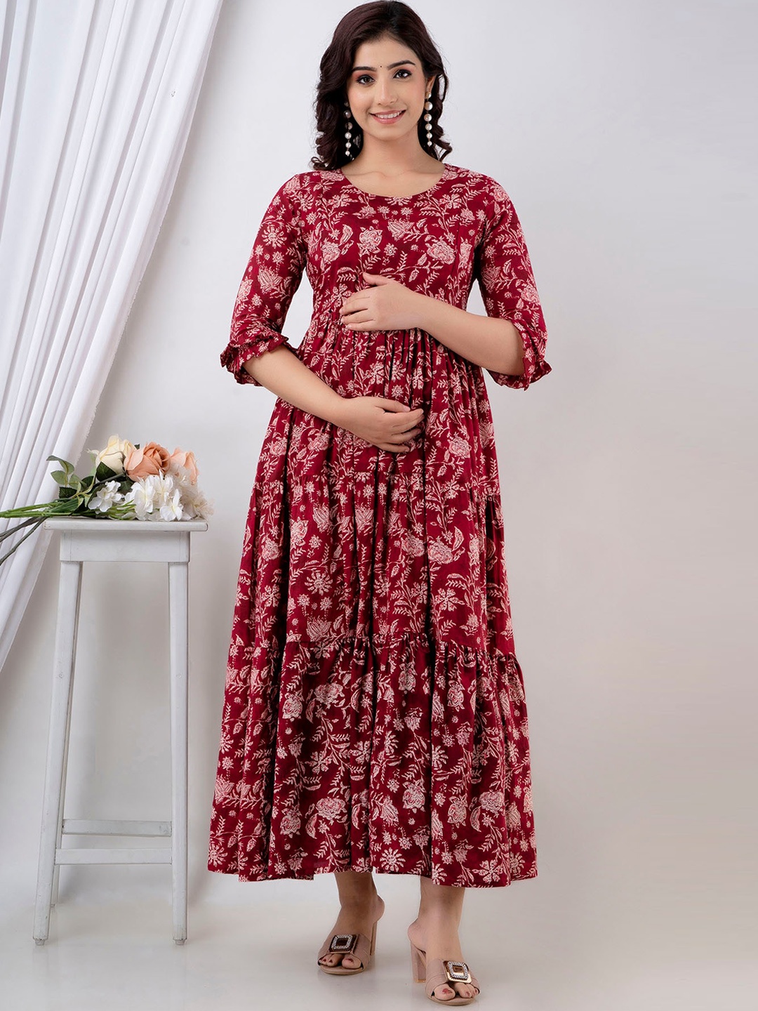 

Henal Floral Printed Gathered Tiered Cotton Maternity Ethnic Dress, Maroon