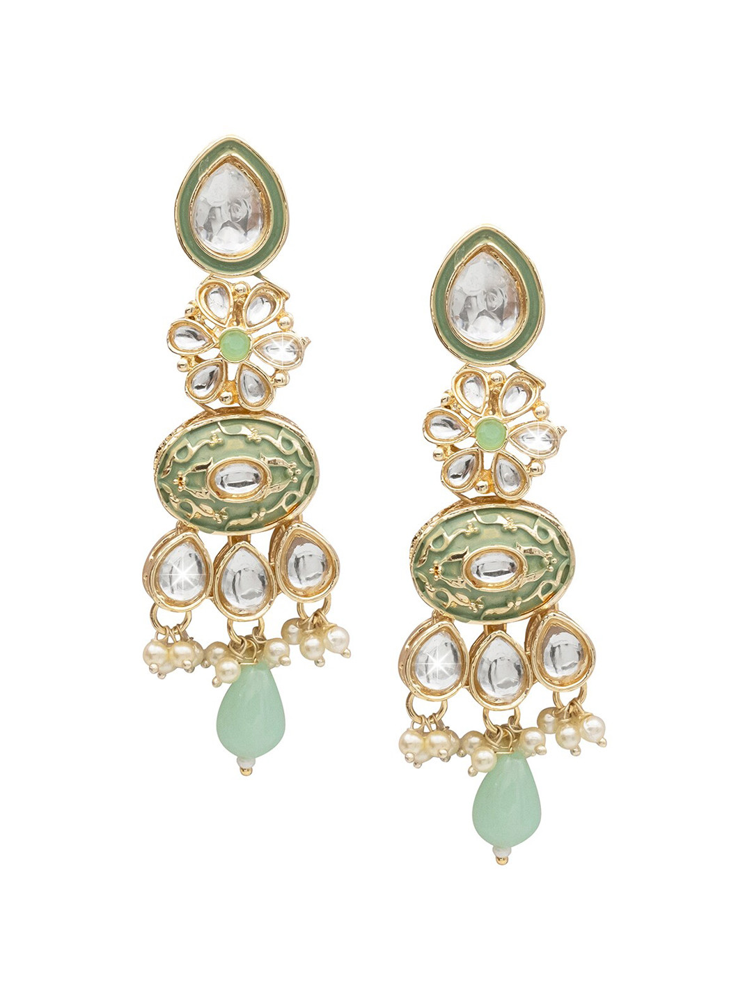 

Shining Jewel - By Shivansh Gold Plated Floral Kundan Studded Enamelled Drop Earrings