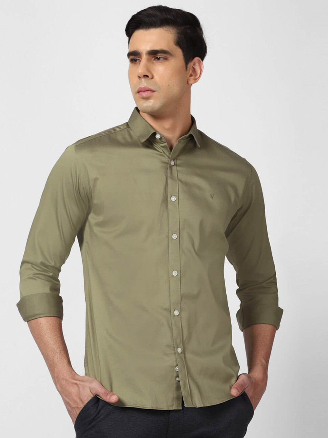 

V Dot Slim Fit Pure Cotton Shirt, Olive