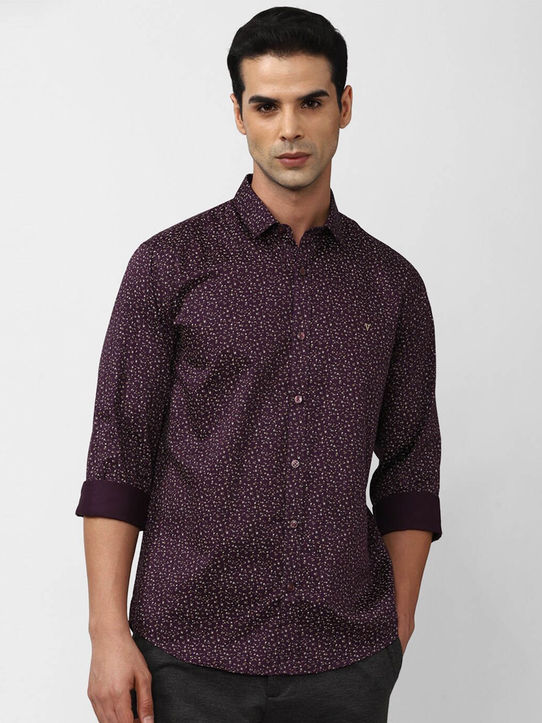 

V Dot Slim Fit Micro Ditsy Printed Cotton Shirt, Purple