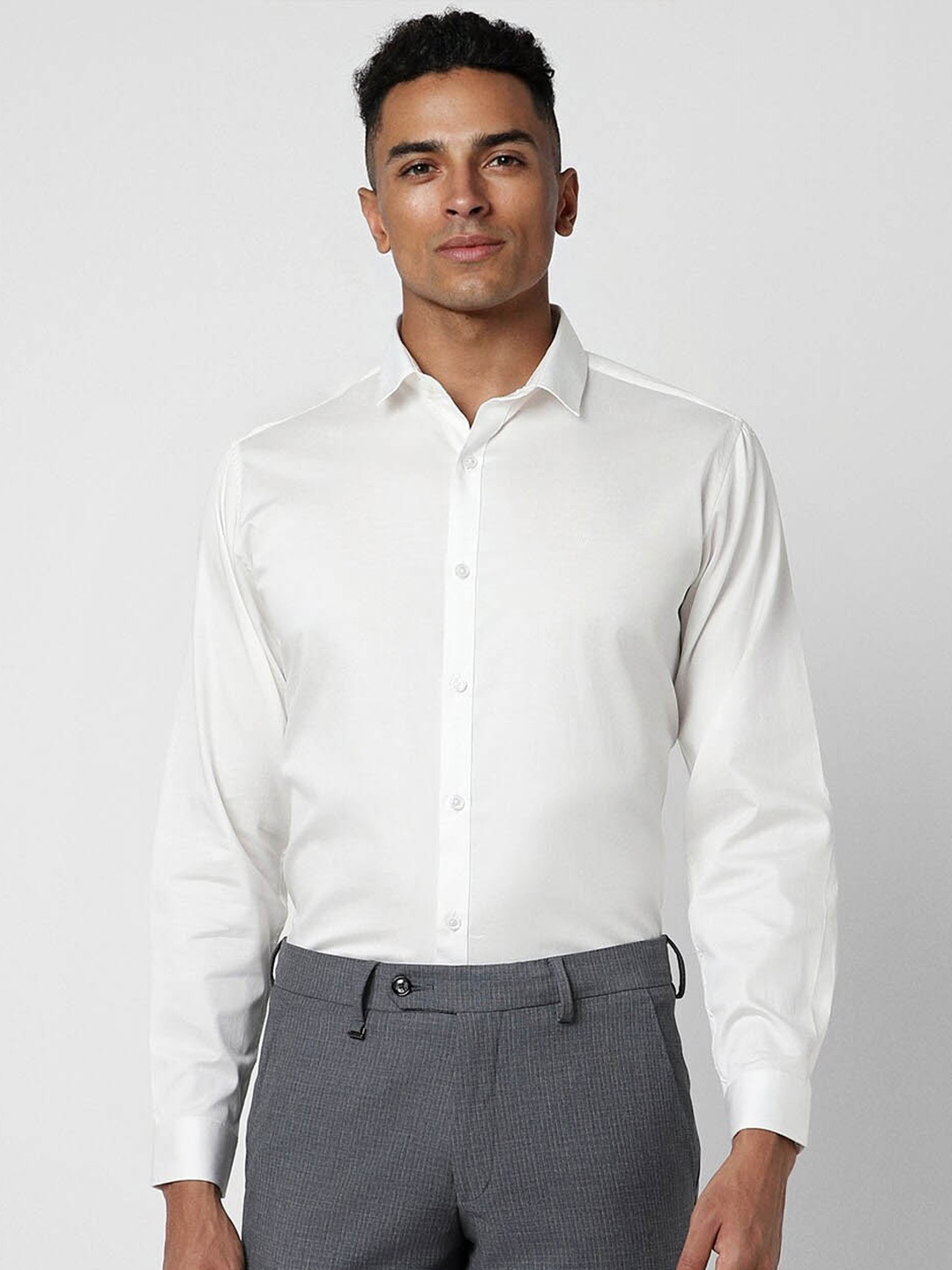 

V Dot Slim Fit Spread Collar Pure Cotton Shirt, White