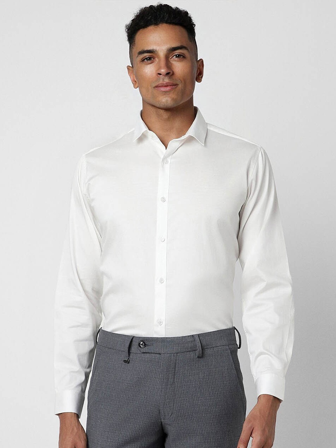 

V Dot Slim Fit Spread Collar Pure Cotton Formal Shirt, White