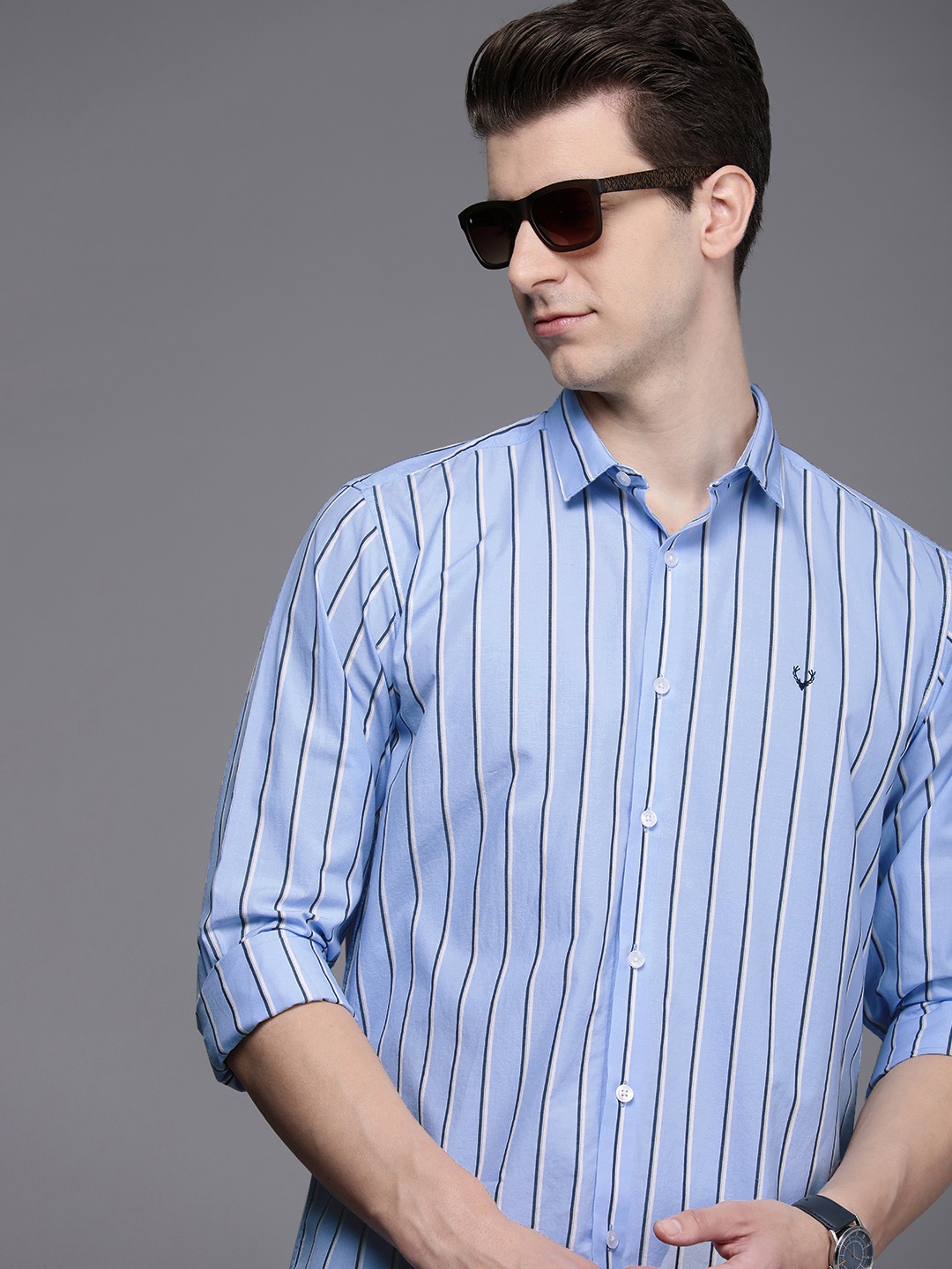 

Allen Solly Pure Cotton Classic Slim Fit Striped Casual Shirt, Blue