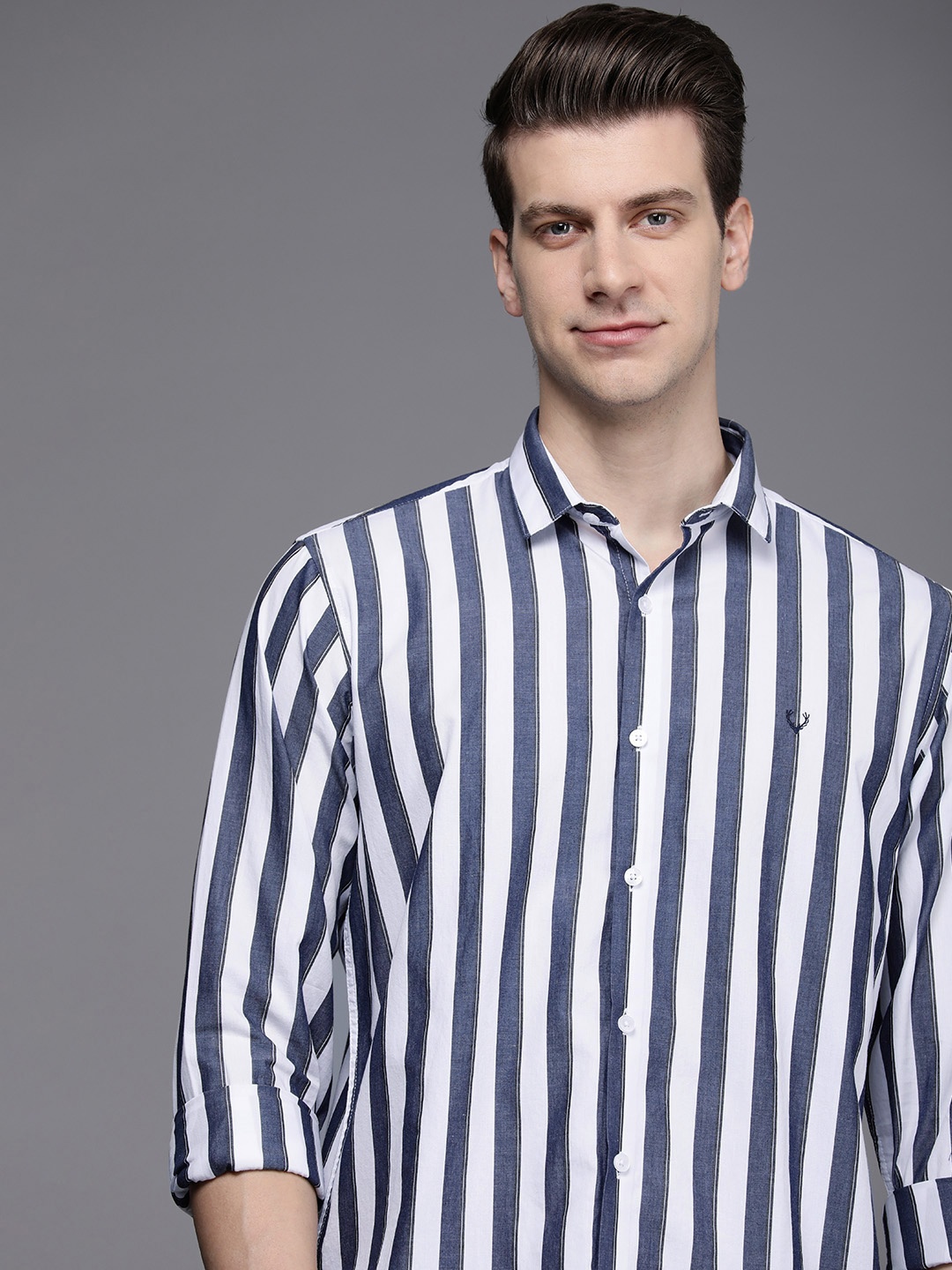 

Allen Solly Pure Cotton Classic Slim Fit Striped Casual Shirt, Navy blue