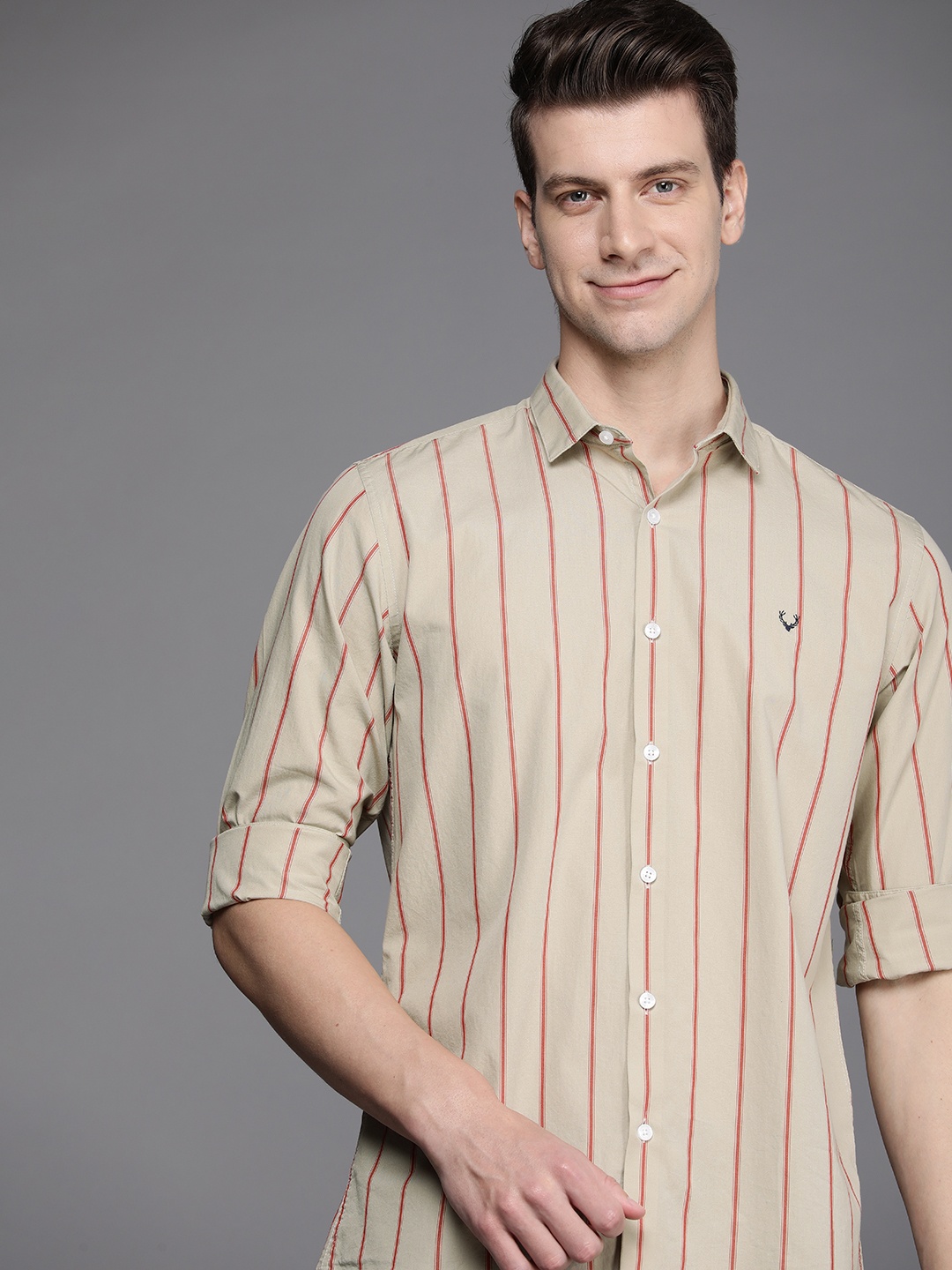 

Allen Solly Sport Regular Fit Striped Pure Cotton Casual Shirt, Beige