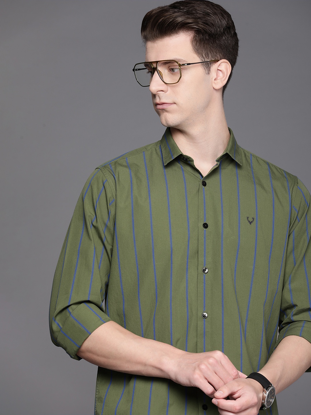 

Allen Solly Sport Fit Striped Pure Cotton Casual Shirt, Olive