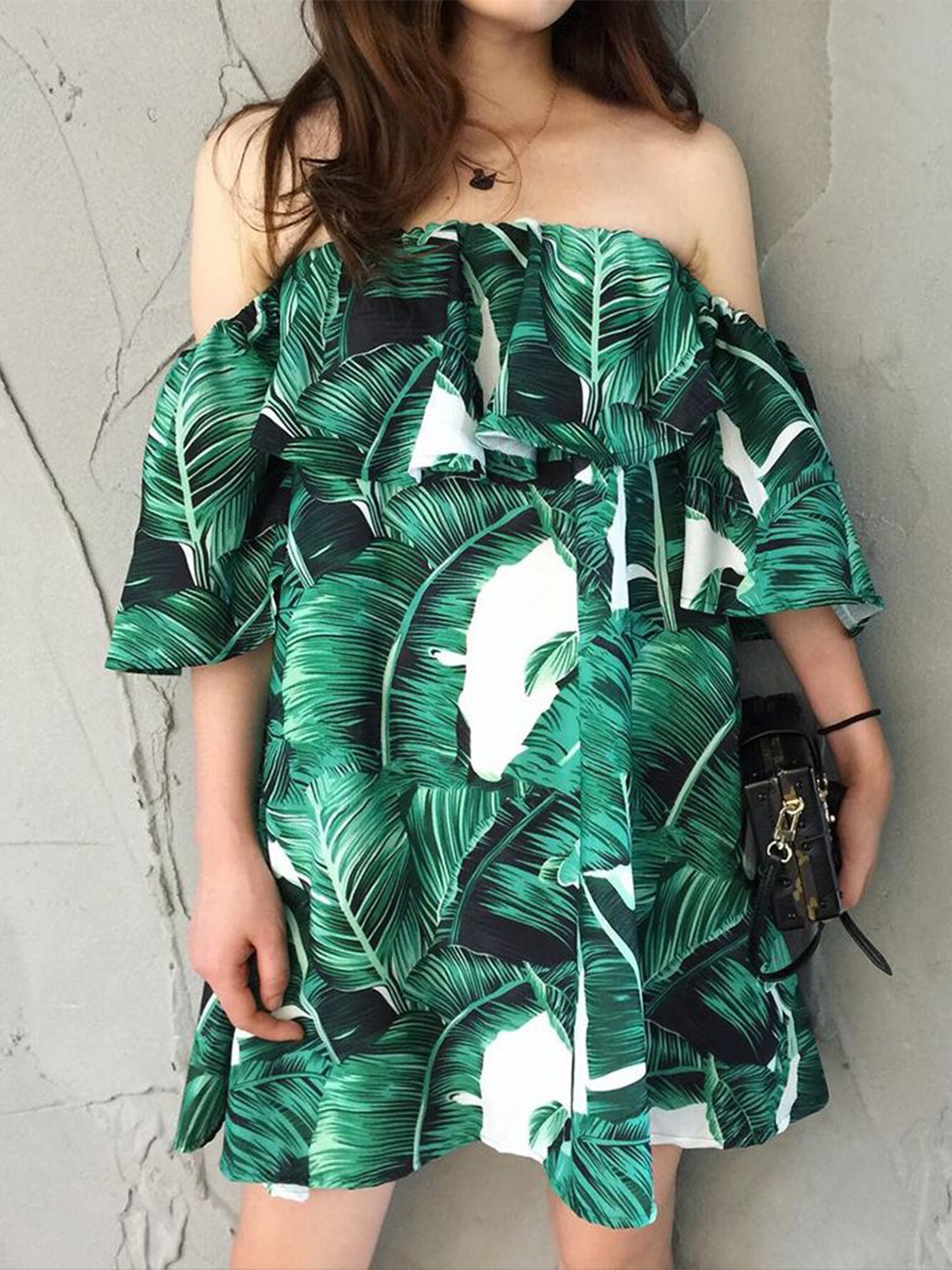 

Lyla Tropical Printed Off-Shoulder A-Line Dress, Green