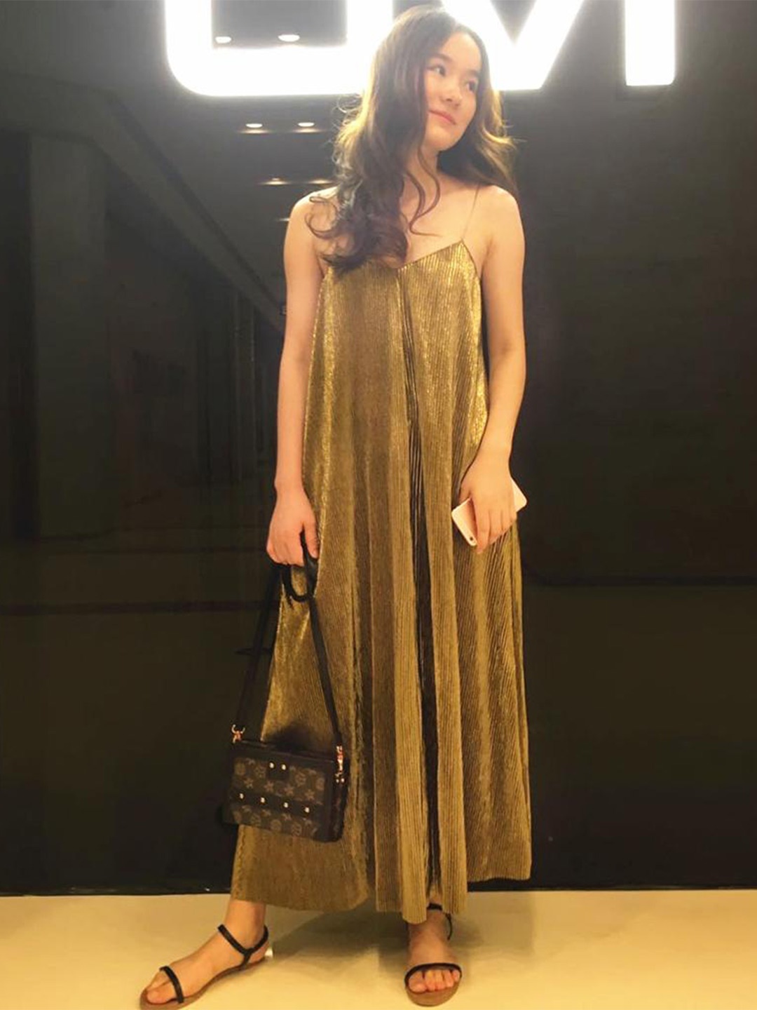 

Lyla Striped Shoulder Straps Sleeveless Maxi Dress, Gold