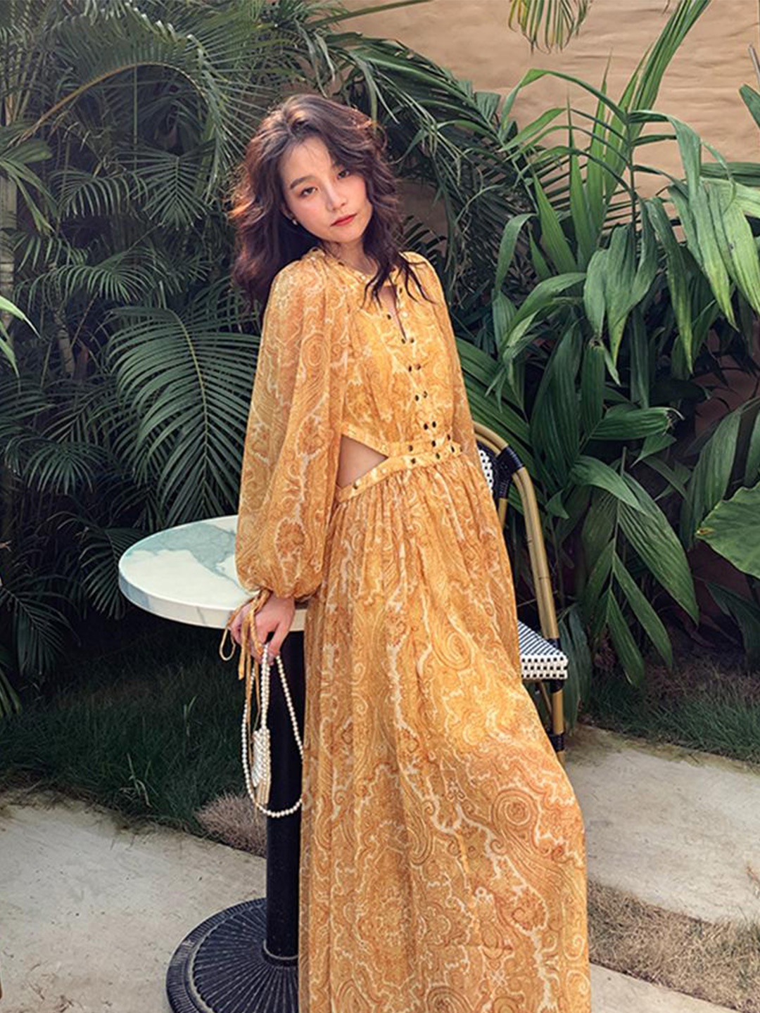 

Lyla Floral Printed Puff Sleeves Cut-Outs Maxi Dress, Yellow