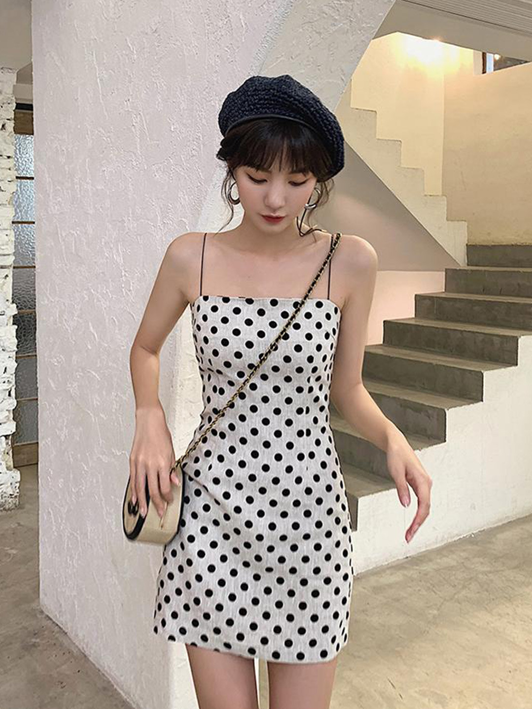 

Lyla Shoulder Strap Neck Polka Dot Printed Sheath Dress, White