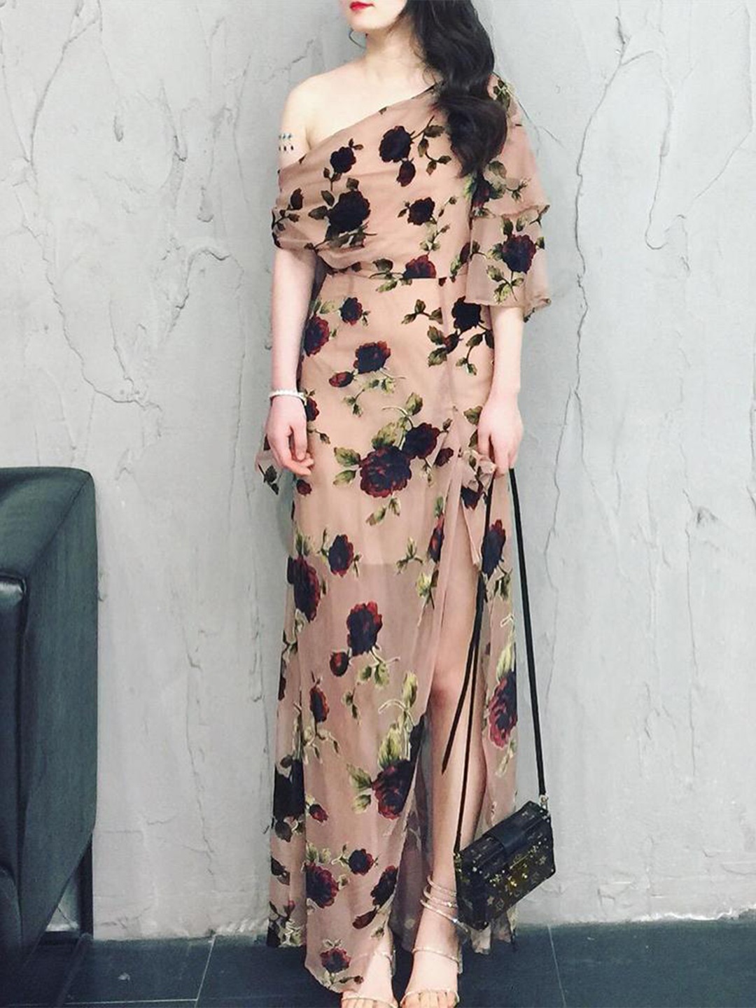 

Lyla Floral Printed One-Shoulder Neck Maxi Dress, Peach