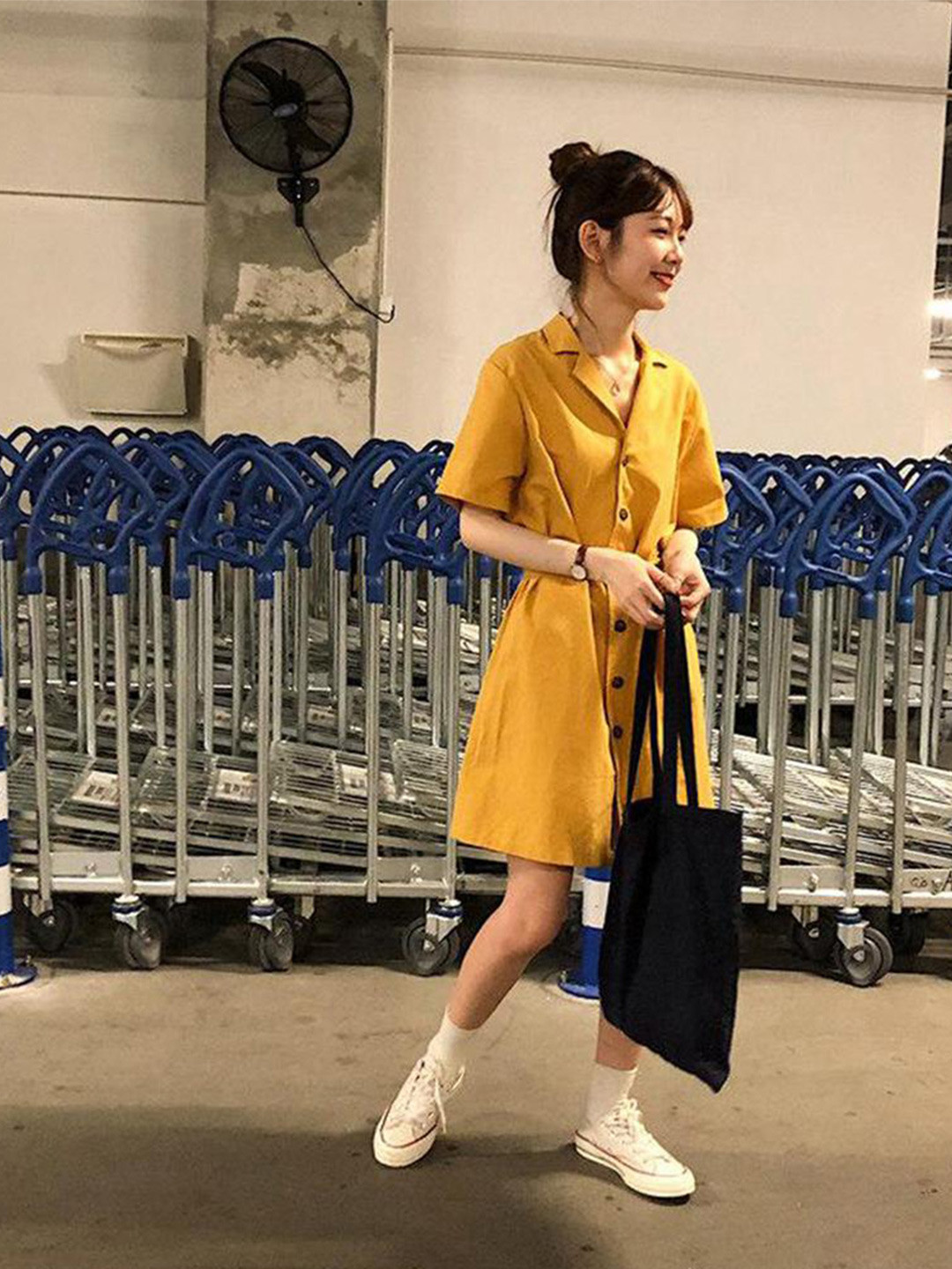 

Lyla Lapel Collar Short Sleeves Tie Up Shirt Dress, Yellow