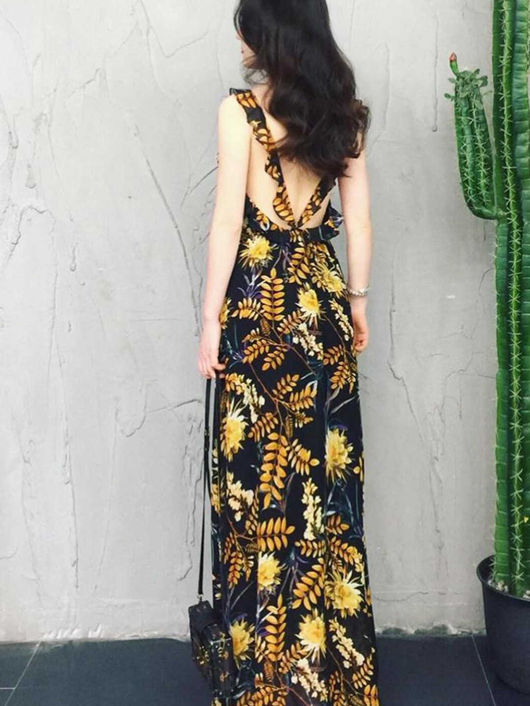 

Lyla Floral Printed V-Neck Ruffles Maxi Dress, Black