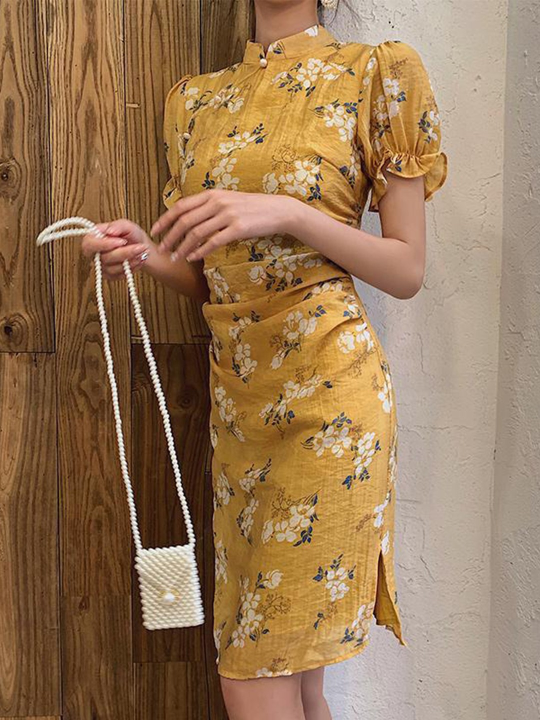 

Lyla Floral Printed High Neck Puff Sleeve Bodycon Knee Length Dress, Yellow
