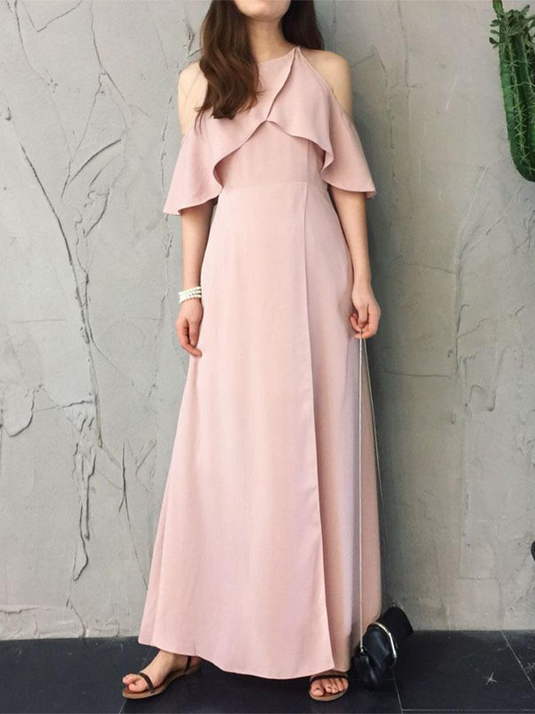 

Lyla Round Neck Cold-Shoulder Sleeves Maxi Dress, Pink
