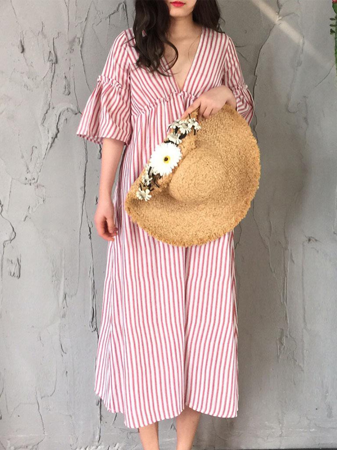 

Lyla Striped Flared Sleeves Cotton A-Line Dress, White