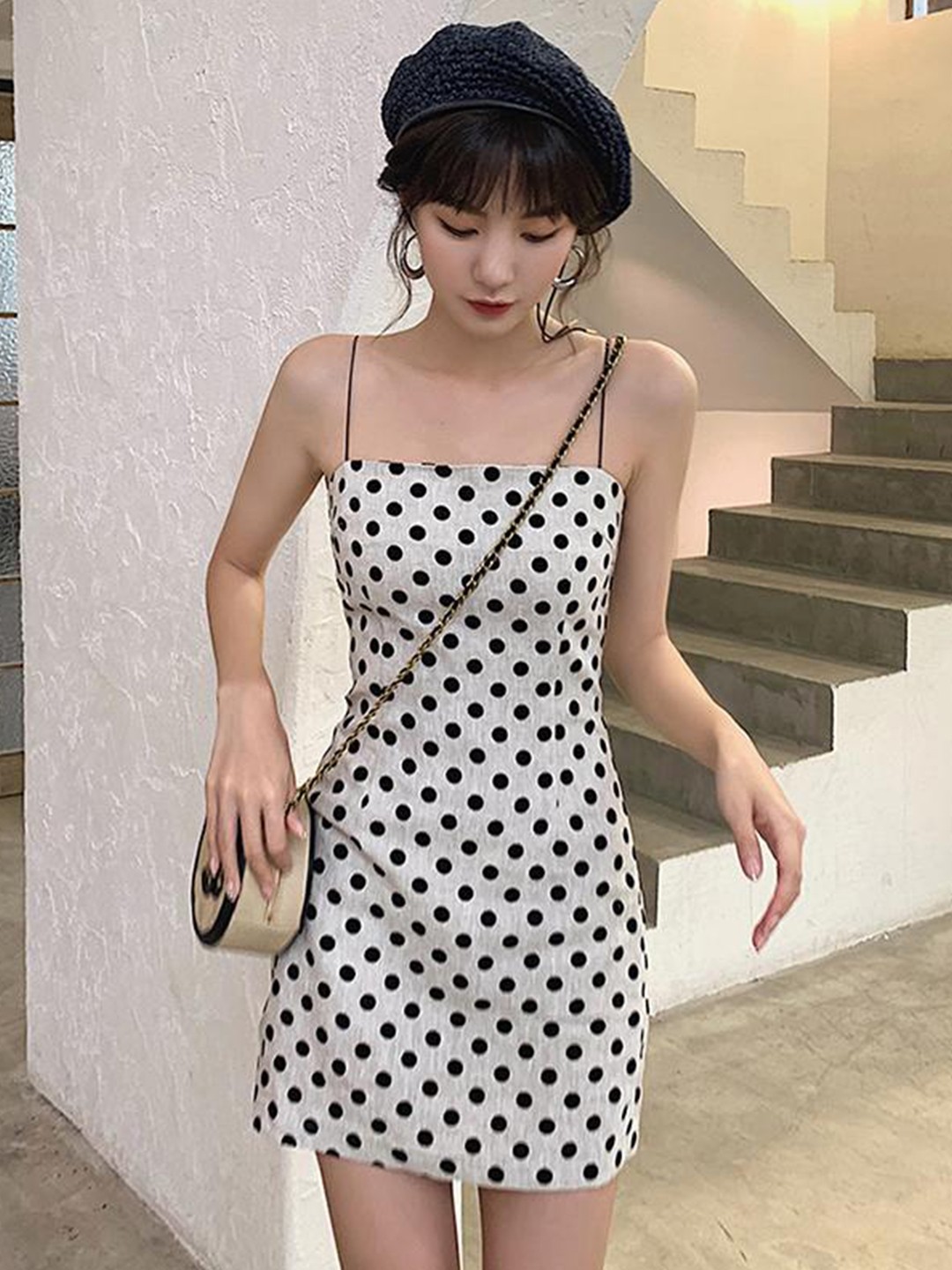 

Lyla Polka Dots Printed Shoulder Strap Sheath Dress, White