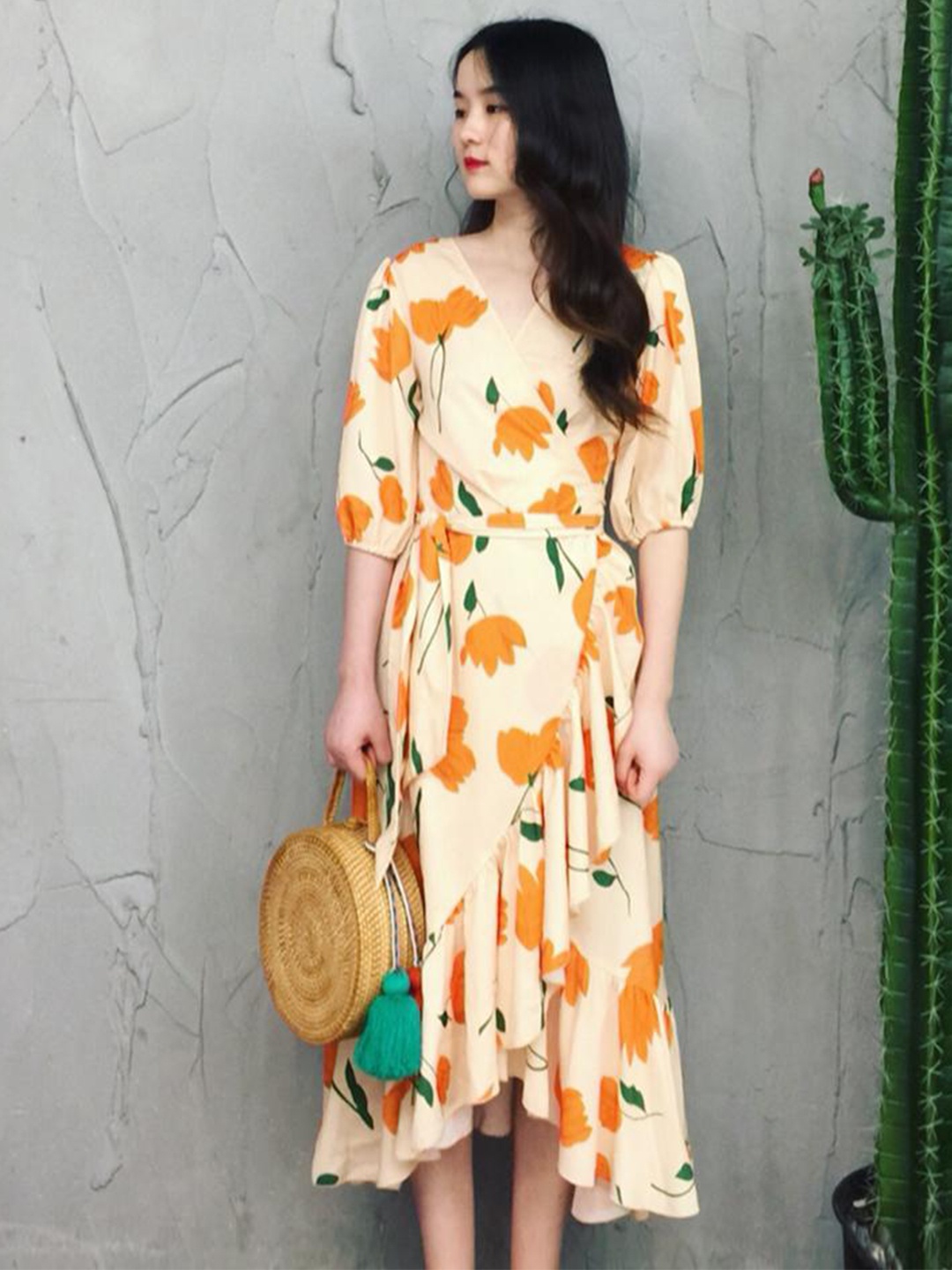 

Lyla Floral Printed V-Neck Puff Sleeve Tie Up Chiffon Wrap Dress, White
