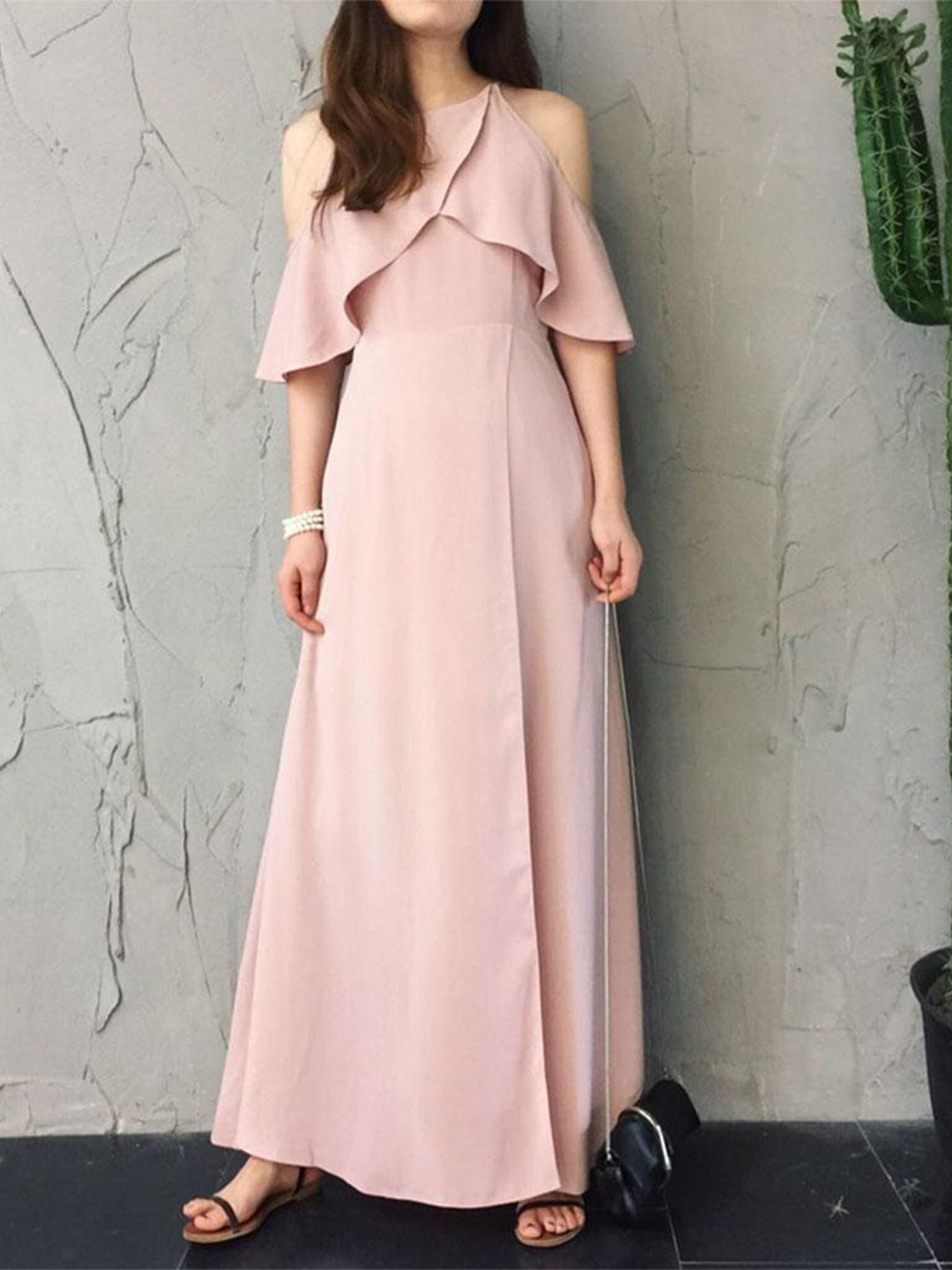 

Lyla Cold-Shoulder Ruffled Side Slit A-Line Maxi Dress, Pink