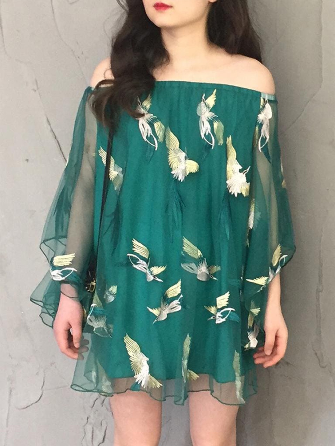 

Lyla Green Floral Printed Off-Shoulder Flared Sleeve A-Line Above Knee Dress